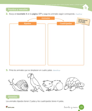 Comparar animales según número de patas, tamaño y cubierta corporal
Practica y resuelve
2. Busca el recortable 4 en la página 177 y pega los animales según corresponda. Clasificar
3. Pinta los animales que se desplazan en cuatro patas. Identificar
Bípedos Cuadrúpedos
Animales
Los animales bípedos tienen 2 patas y los cuadrúpedos tienen 4 patas.
Sintetiza
39
_treinta y nueve
 