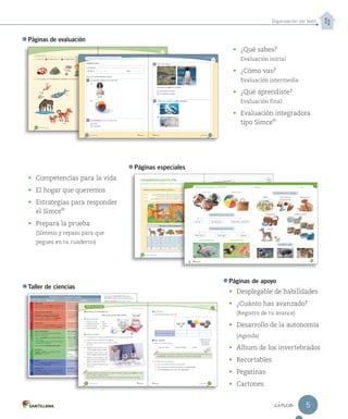 Organización del texto
Evaluación intermedia
3.	 Escribe una D en el animal doméstico y una S en el animal silvestre.
4.	 Observa los animales de las fotografías y pinta tu respuesta.
Unidad 1
¿Cómo te fue?
a. ¿Cuál es el hábitat del pez? c. ¿Qué utiliza la libélula para desplazarse?
Aéreo-terrestre. Acuático. Alas. Aletas.
b. ¿Cómo nace el pez? d. ¿Qué tipo de alimentación tiene la libélula?
Huevo. Crías vivas. Carnívora. Herbívora.
Pinta tantos como obtuviste.
37
_treinta y _siete
¿Cómo vas?
1.	 Encierra con los seres vivos y con la materia inerte.
2.	 Une la imagen con la característica o necesidad que corresponda.
Reproducirse
Alimentarse
Crecer
Tomar agua
1 año 3 años
36 _treinta y _seis
_cinco
•	 ¿Qué sabes?
Evaluación inicial
•	 ¿Cómo vas?
Evaluación intermedia
•	 ¿Qué aprendiste?
Evaluación final
•	 Evaluación integradora
tipo Simce
MR
Páginas de evaluación
•	 Competencias para la vida
•	 El hogar que queremos
•	 Estrategias para responder
el Simce
MR
•	 Prepara la prueba
(Síntesis y repaso para que
pegues en tu cuaderno)
Marca con un las imágenes que representen los cuidados de los animales.
Tratamiento de la información
Interacción con el mundo físico
• ¿Cuántos animales hay en total en el condominio? animales.
• ¿Cuál mascota hay en mayor cantidad? Pinta tu respuesta.
• ¿Cuál mascota hay en menor cantidad? Pinta tu respuesta.
49
_cuarenta y nueve
Competencias para la vida
Escucha lo que te leerá tu profesora o profesor.
Las tablas de conteo me ayudan a ordenar la información
Carla y Alonso querían saber el número de mascotas que viven en
su condominio. Para esto encuestaron a sus vecinos.
Los resultados de su encuesta los escribieron en una tabla de conteo.
Mascotas de nuestro condominio
•
•
•
•
•
•
6
•
•
•
•
•
5
•
•
•
3
•
•
•
•
4
•
•
2
48 _cuarenta y _ocho
Marca con un las imágenes que representen los cuidados de los animales.
Tratamiento de la información
Marca con un las imágenes que representen los cuidados de los animales.
Interacción con el mundo físico
• ¿Cuántos animales hay en total en el condominio?
¿Cuántos animales hay en total en el condominio? animales.
• ¿Cuál mascota hay en mayor cantidad? Pinta tu respuesta.
• ¿Cuál mascota hay en menor cantidad? Pinta tu respuesta.
49
_cuarenta y nueve
_cuarenta y nueve
_cuarenta y nueve
_cuarenta y nueve
_cuarenta y nueve
_cuarenta y nueve
_cuarenta y nueve
Las tablas de conteo me ayudan a ordenar la información
Las tablas de conteo me ayudan a ordenar la información
Las tablas de conteo me ayudan a ordenar la información
Las tablas de conteo me ayudan a ordenar la información
Las tablas de conteo me ayudan a ordenar la información
Las tablas de conteo me ayudan a ordenar la información
Carla y Alonso querían saber el número de mascotas que viven en
su condominio. Para esto encuestaron a sus vecinos.
Los resultados de su encuesta los escribieron en una tabla de conteo.
Mascotas de nuestro condominio
•
•
•
•
4
•
•
2
Prepara la prueba 1 • Síntesis
Características de los seres vivos
Crecen Responden a estímulos
Se reproducen
Necesidades de los seres vivos
Alimentarse Tomar agua Respirar
Características de los animales
Animales de Chile
Animales domésticos Animales silvestres
Seres vivos Materia inerte
Alimentación Cubierta corporal
Hábitat Estructuras de
desplazamiento
Reproducción
Tamaño
Nombre: Curso:
Casa del Saber
Páginas especiales
Taller de ciencias
Páginas de apoyo
•	 Desplegable de habilidades
•	 ¿Cuánto has avanzado?
(Registro de tu avance)
•	 Desarrollo de la autonomía
(Agenda)
•	 Álbum de los invertebrados
•	 Recortables
•	 Pegatinas
•	 Cartones
Observar características de los seres vivos
Para concluir
1.	 Marca con un el ser vivo.
Planta de porotos Tapas de bebidas Piedras
2.	 Comenta con tus compañeros:
a.	 ¿Por qué la planta de porotos es un ser vivo?
b.	 ¿Por qué las tapas de bebida y las piedras son materia inerte?
c.	 ¿Qué características de los seres vivos observaste?
En esta experiencia utilizaste la visión para saber cuál de los materiales era un ser vivo.
Al observarlos, pudiste darte cuenta de que la planta de porotos crecía.
Después de 1 año,
¿habrá cambios
en las tapas y
en las piedras?
Resultados
1.	 ¿Qué observaste? Marca con un .
¿Qué creció luego de dos días?
¿Qué creció luego de seis días?
25
veinticinco
El material didáctico Ciencias Naturales 1º básico, proyecto
Casa del Saber, es una obra colectiva, creada y diseñada por el
Departamento de Investigaciones Educativas de Editorial Santillana.
Subdirección de contenidos: Ana María Anwandter Rodríguez
Asistente de edición: Elizabeth Barra Villalobos
Corrección de estilo: Lara Hübner González, Cristina Varas Largo,
Patricio Varetto Cabré
Documentación: Cristian Bustos Chavarría, Paulina Novoa Venturino
Gestión autorizaciones: María Cecilia Mery Zúñiga
Subdirección de arte: María Verónica Román Soto
Jefatura de arte: Raúl Urbano Cornejo
Diseño y diagramación: Alfredo Galdames Cid
Ilustraciones: Álvaro de la Vega Arancibia
Fotografías: César Vargas Ulloa
Cubierta: Alfredo Galdames Cid
Ilustración de cubierta: Sandra Caloguerea Alarcón
Producción: Germán Urrutia Garín
El texto escolar que tienes en tus manos es
mucho más que un buen texto:
Plataforma en línea disponible 24 horas al día con
recursos digitales innovadores para docentes,
estudiantes y familias
2.240 horas de investigación y análisis para
elaboración de esta sólida propuesta educativa
Más de 40 años de experiencia al servicio de la
educación de calidad en Chile
320 profesionales de primer nivel pensando día a
día en cómo mejorar la educación de nuestro país
Múltiples alianzas con organizaciones relacionadas
con la educación, la cultura y la vida saludable
Más de 600 seminarios y capacitaciones anuales
para docentes a lo largo de todo el país
Comprometidos socialmente con el futuro de más
de 25.000 niños y niñas chilenos, pertenecientes a
nuestra red de responsabilidad social.
Quedan rigurosamente prohibidas, sin la autorización escrita de los titulares
del “Copyright”, bajo las sanciones establecidas en las leyes, la reproducción total
o parcial de esta obra por cualquier medio o procedimiento, comprendidos
la reprografía y el tratamiento informático, y la distribución en ejemplares
de ella mediante alquiler o préstamo público.
© 2013, by Santillana del Pacífico S.A. de Ediciones.
Dr. Aníbal Ariztía 1444, Providencia, Santiago (Chile).
PRINTED IN CHINA. Impreso en China y producido por Asia Pacific Offset Ltd.
ISBN: 978-956-XX-XXXX-X – Inscripción N° XXX.XXX
www.santillana.cl info@santillana.cl
SANTILLANA® es una marca registrada de Grupo Santillana de Ediciones, S.L.
Todos los derechos reservados.
Colocar
LOGO
FSC
Habilidades de investigación científica
Procesos Ejemplo
Observación
Con los sentidos puedes observar el mundo que te
rodea. Usa tus ojos, nariz, piel, boca y oídos.
Al jugar con porotos de diferentes tipos, los niños
observaron que tienen distintas formas y colores;
son suaves al tacto y, si se dejan caer sobre la mesa,
se escucha un sonido.
Problema de investigación
Si observas y te haces una pregunta, estás
formulando un problema de investigación.
¿Cómo…? ¿Qué…? ¿Cuánto…? son preguntas
que te ayudarán a formular un problema.
Los niños buscaron una tapa de bebida retornable de
3 litros para colocar los porotos dentro de la tapa,
y se preguntaron: ¿cuántos porotos caben en la tapa
de bebida?
Predicciones
Cuando das una posible respuesta de lo que puede
ocurrir en tu investigación haces una predicción.
Las respuestas de los niños fueron:
– 8 porotos.
– El número de porotos depende del tamaño del poroto.
Diseño experimental
Si quieres comprobar tus predicciones, debes
explorar y experimentar.
– Busca los materiales que necesitas para hacer un
experimento.
– Sigue los pasos, estos te permitirán responder tu
problema de investigación.
En el experimento usa instrumentos y mide.
¿Qué necesito?
Una tapa de una botella retornable de 3 litros, porotos
blancos y porotos negros.
¿Cómo lo hago?
– Deja la tapa de la botella sobre la mesa.
– Coloca uno a uno los porotos, hasta llenarla.
– Cuenta los porotos que están dentro de la tapa.
– Toma otros porotos, colócalos en la tapa y vuelve a
contarlos.
Resultados
Al dibujar o escribir tus observaciones estás
registrando tus resultados.
Los niños registraron sus datos en una tabla:
Análisis
Si buscas semejanzas o diferencias entre tus
resultados estás analizando.
Al repetir el experimento, el número de porotos cambió.
Conclusiones
Al comparar el análisis de tus resultados podrás
sacar una conclusión, que te permitirá responder
el problema de investigación.
Conclusión:
El número de porotos cambia porque los porotos tienen
distintos tamaños.
Observar
y
preguntar
Planificar
y
conducir
una
investigación
Analizar
la
evidencia
y
comunicar
Porotos blancos Porotos negros
Número
de porotos
9 13
Ana María Anwandter Rodríguez
Ana María Anwandter Rodríguez
Ana María Anwandter Rodríguez
Asistente de edición:
Asistente de edición:
Asistente de edición:
Asistente de edición:
Asistente de edición:
Asistente de edición:
Asistente de edición:
Asistente de edición: Elizabeth Barra Villalobos
Elizabeth Barra Villalobos
Elizabeth Barra Villalobos
Elizabeth Barra Villalobos
Elizabeth Barra Villalobos
Elizabeth Barra Villalobos
Elizabeth Barra Villalobos
Elizabeth Barra Villalobos
Elizabeth Barra Villalobos
Elizabeth Barra Villalobos
Elizabeth Barra Villalobos
Elizabeth Barra Villalobos
Elizabeth Barra Villalobos
Al jugar con porotos de diferentes tipos, los niños
observaron que tienen distintas formas y colores;
son suaves al tacto y, si se dejan caer sobre la mesa,
se escucha un sonido.
Los niños buscaron una tapa de bebida retornable de
3 litros para colocar los porotos dentro de la tapa,
y se preguntaron: ¿cuántos porotos caben en la tapa
de bebida?
Las respuestas de los niños fueron:
– 8 porotos.
– El número de porotos depende del tamaño del poroto.
¿Qué necesito?
Una tapa de una botella retornable de 3 litros, porotos
blancos y porotos negros.
¿Cómo lo hago?
– Deja la tapa de la botella sobre la mesa.
– Coloca uno a uno los porotos, hasta llenarla.
– Cuenta los porotos que están dentro de la tapa.
– Toma otros porotos, colócalos en la tapa y vuelve a
contarlos.
Los niños registraron sus datos en una tabla:
Al repetir el experimento, el número de porotos cambió.
Conclusión:
El número de porotos cambia porque los porotos tienen
distintos tamaños.
Porotos blancos Porotos negros
de porotos
Taller de ciencias
¿Cómo lo hago?
1.	 Con ayuda de un adulto, haz pequeños orificios en las tapas de cada frasco.
2.	 Cubre el fondo de cada frasco con algodón.
3.	 Etiqueta el primer frasco como “Porotos”. Agrega
3 porotos.
4.	 Etiqueta el segundo frasco como
“Tapas”. Agrega 3 tapas de bebida.
5.	 Etiqueta el tercer frasco como
“Piedras”.Agrega3piedraspequeñas.
6.	 Agrega un poco de agua en cada
frasco hasta que se humedezca el
algodón. Luego, tapa los frascos.
7.	 Observa los frascos durante seis días.
Usa tu lupa.
Habilidad científica: Observar
¿Qué necesito?
• 3 frascos con tapa
• 3 semillas de porotos
• 3 tapas de bebida
• 3 piedras pequeñas
• agua
• algodón
• cuaderno
• lápiz
Problema de investigación
¿Por qué es un ser vivo?
Al observar obtienes información de un objeto o fenómeno utilizando los sentidos, como la
vista, la audición, el olfato y el tacto.
Cuando observas debes fijarte, por ejemplo, en el color, la forma, el tamaño y la textura.
Etiqueta el primer frasco como “Porotos”. Agrega
Observa los frascos durante seis días.
24 veinticuatro
materia inerte.
que corresponda.
Mi nombre es:
Mi edad es: Fecha:
Completa tus datos.
Evaluación integradora tipo Simce Primero básico
Evaluación integradora tipo Simce
Mi nombre es:
Mi edad es: Fecha:
Completa tus datos.
1	 ¿En cuál de las imágenes hay un ser vivo?
A
B
2	 ¿Qué necesitan los seres vivos para vivir?
A Crecer.
B Alimentarse.
MR
Simce es marca registrada del Ministerio de Educación.
Marca con una la alternativa correcta.
3	 Observa las imágenes.
¿Qué tienen en común estos animales?
A Son acuáticos-terrestres.
B Sus cubiertas corporales.
4	 ¿Cuál de estos animales es acuático-terrestre?
A
B
113
_ciento _trece
_ciento _doce
112
3	
4	
5
5
 
