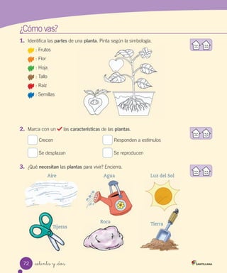¿Cómo	vas?
1.	 Identifica	las	partes	de	una	planta.	Pinta	según	la	simbología.
	:	Frutos
	:	Flor
	:	Hoja
	:	Tallo
	:	Raíz
	:	Semillas
2.	 Marca	con	un	 	las	características	de	las	plantas.
	Crecen	 	Responden	a	estímulos
	Se	desplazan	 	Se	reproducen
3.	 ¿Qué	necesitan	las	plantas	para	vivir?	Encierra.
Aire
Tijeras
Roca Tierra
Agua Luz del Sol
72 setenta y _dos
 