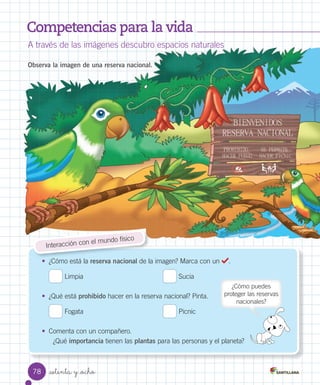 Competencias para la vida
A	través	de	las	imágenes	descubro	espacios	naturales
Observa la imagen de una reserva nacional.
A
A través
través
través de
de las
las imágenes
imágenes
imágenes
imágenes
imágenes descubro
descubro
descubro
descubro espacios
espacios
espacios
espacios naturales
naturales
naturales
naturales
Observa la imagen de una reserva nacional.
Observa la imagen de una reserva nacional.
Observa la imagen de una reserva nacional.
Observa la imagen de una reserva nacional.
Observa la imagen de una reserva nacional.
Observa la imagen de una reserva nacional.
Observa la imagen de una reserva nacional.
Observa la imagen de una reserva nacional.
Observa la imagen de una reserva nacional.
Observa la imagen de una reserva nacional.
Observa la imagen de una reserva nacional.
Observa la imagen de una reserva nacional.
Observa la imagen de una reserva nacional.
Observa la imagen de una reserva nacional.
Interacción	con	el	mundo	físico
•	 ¿Cómo	está	la	reserva nacional	de	la	imagen?	Marca	con	un	 .
	Limpia	 	Sucia
•	 ¿Qué	está	prohibido	hacer	en	la	reserva	nacional?	Pinta.
	Fogata	 	Picnic
•	 Comenta	con	un	compañero.
¿Qué	importancia	tienen	las	plantas	para	las	personas	y	el	planeta?
¿Cómo	puedes
proteger	las	reservas	
nacionales?
78 setenta y _ocho
 