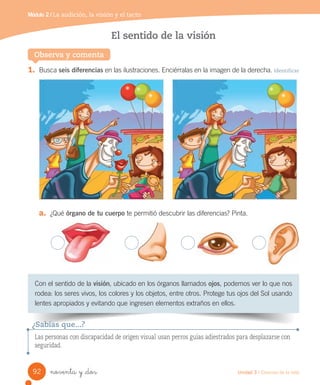 Módulo 2 / La audición, la visión y el tacto
Observa y comenta
El sentido de la visión
1.	 Busca	seis diferencias	en	las	ilustraciones.	Enciérralas	en	la	imagen	de	la	derecha.	Identificar
a.	 ¿Qué	órgano de tu cuerpo	te	permitió	descubrir	las	diferencias?	Pinta.
Con	el	sentido	de	la	visión,	ubicado	en	los	órganos	llamados	ojos,	podemos	ver	lo	que	nos	
rodea:	los	seres	vivos,	los	colores	y	los	objetos,	entre	otros.	Protege	tus	ojos	del	Sol	usando	
lentes	apropiados	y	evitando	que	ingresen	elementos	extraños	en	ellos.
Las personas con discapacidad de origen visual usan perros guías adiestrados para desplazarse con
seguridad.
¿Sabías que...?
92 Unidad 3 / Ciencias de la vida
noventa y _dos
 