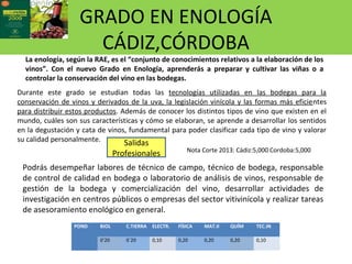 GRADO EN ENOLOGÍA
CÁDIZ,CÓRDOBA
La enología, según la RAE, es el “conjunto de conocimientos relativos a la elaboración de los
vinos”. Con el nuevo Grado en Enología, aprenderás a preparar y cultivar las viñas o a
controlar la conservación del vino en las bodegas.
Durante este grado se estudian todas las tecnologías utilizadas en las bodegas para la
conservación de vinos y derivados de la uva, la legislación vinícola y las formas más eficientes
para distribuir estos productos. Además de conocer los distintos tipos de vino que existen en el
mundo, cuáles son sus características y cómo se elaboran, se aprende a desarrollar los sentidos
en la degustación y cata de vinos, fundamental para poder clasificar cada tipo de vino y valorar
su calidad personalmente.
Podrás desempeñar labores de técnico de campo, técnico de bodega, responsable
de control de calidad en bodega o laboratorio de análisis de vinos, responsable de
gestión de la bodega y comercialización del vino, desarrollar actividades de
investigación en centros públicos o empresas del sector vitivinícola y realizar tareas
de asesoramiento enológico en general.
Salidas
Profesionales
POND BIOL C.TIERRA ELECTR. FÍSICA MAT.II QUÍM TEC.IN
0’20 0`20 0,10 0,20 0,20 0,20 0,10
Nota Corte 2013: Cádiz:5,000 Cordoba:5,000
 