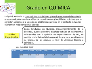 Grado en QUÍMICA
La Química estudia la composición, propiedades y transformaciones de la materia,
proporcionándote una base sólida de conocimientos y habilidades prácticas que te
permitan aplicarlos a la solución de problemas químicos, en el contexto industrial,
económico, medioambiental y social.
Como Graduado en Química, independientemente de la
docencia, puedes acceder a diversos trabajos en las industrias
relacionadas con la química: en departamentos de I+D, en
análisis, control de calidad o control de procesos; en el terreno
de gestión de las mismas, a nivel de dirección técnica o
comercial.
Salidas
Profesionales
POND BIOL C.TIERRA ELECTRO FÍSICA MAT.II QUÍM TEC.IND. 
II
  0’15 0`15 0,10 0,20 0,20 0,20 0,10
D. ORIENTACIÓN IES PEDRO SOTO DE ROJAS
Nota Corte 2013: 5,000
 