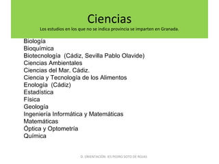 Ciencias
Los estudios en los que no se indica provincia se imparten en Granada.
Biología
Bioquímica
Biotecnología (Cádiz, Sevilla Pablo Olavide)
Ciencias Ambientales
Ciencias del Mar. Cádiz.
Ciencia y Tecnología de los Alimentos
Enología (Cádiz)
Estadística
Física
Geología
Ingeniería Informática y Matemáticas
Matemáticas
Óptica y Optometría
Química
D. ORIENTACIÓN IES PEDRO SOTO DE ROJAS
 
