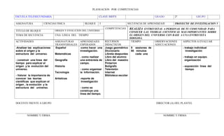 PLANEACION POR COMPETENCIAS

ESCUELA TELESECUNDARIA                                          CLAVE 30DTV                           GRADO         2º              GRUPO

ASIGNATURA            CIENCIAS FISICA             BLOQUE        5                  SECUENCIA DE APRENDIZAJE         PROYECTO DE INVESTIGACION 5
                                                                    COMPETENCIAS    REALIZA ENTREVISTAS A PERSONAS DE TU COMUNIDAD PARA
TITULO DE BLOQUE              ORIGEN Y EVOLUCION DEL UNIVERSO
                                                                                       CONOCER LAS TEORIAS CIENTIFICAS MAS IMPORTANTES SOBRE
TEMA DE SECUENCIA             UNA LINEA DEL TIEMPO                                     EL ORIGEN DEL UNIVERSO. CON BASE A UNA ENTREVISTA
                                                                                       DIRIGIDA.
ACTIVIDADES                   ASIGNATURAS      APRENDIZAJES         RECURSOS            TIEMPO         OBSERVACIONES      ASPECTOS A EVALUAR
                              TRANSVERSALES    ESPERADOS            DIDACTICOS                         ADECUACIONES
-Analizar las explicaciones   Español          -como hacer una      Juego geométrico 5 sesiones de                        - trabajo individual
sobre el origen y la                           investigación.       Diccionario         50 minutos                           investigación
estructura del universo.      Matemáticas                           Libreta deapuntes      cada una
                                               . como realizar      Libro del alumno                                      - trabajo en equipo.
- construir una línea del     Geografía        una entrevista de    Libro del maestro                                       organización
tiempo para explicar el                        campo.               Pintarron
origen y la evolución del     Historia                              Bolígrafo                                             - exposición línea del
universo.                                      - como organizar     Televisión                                               tiempo
                              Tecnología       la Información.      Internet
- Valorar la importancia de                                         Biblioteca escolar
conocer las teorías           Artísticas       -reporte de
científicas que explican el                     Investigación
origen , la evolución y la
estructura del universo.                       - como se
                                               construye una
                                               línea del tiempo.


DOCENTE FRENTE A GRUPO                                                                                 DIRECTOR (A) DEL PLANTEL


________________________________________                                                             __________________________________
         NOMBRE Y FIRMA                                                                                     NOMBRE Y FIRMA
 