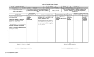 PLANEACION POR COMPETENCIAS

           ESCUELA TELESECUNDARIA:                                                 CLAVE: 30DTV                                   GRADO         2º     GRUPO:
             ASIGNATURA:       CIENCIAS II (FISICA)    BLOQUE          2          SECUENCIA DE APRENDIZAJE                     9.- ¿LA MATERIA ATRAE A LA MATERIA?
                                                                                                                                ANALIZA LA INTERACCION GRAVITACIONAL Y SU FUERZA ASOCIADA,
               TITULO DEL BLOQUE            LAS FUERZAS: LA EXPLICACION DE LOS CAMBIOS                                             EN EL AULA PARA ENUNCIAR EL PRINCIPIO DE GRAVITACION
                                        LA GRAVITACION UNIVERSAL. MOV. CIRCULAR; MASA Y      COMPETENCIAS                            UNIVERSAL DE NEWTON, CON BASE EN LA INFERENCIA Y
              TEMA DE SECUENCIA:                               PESO                                                                                     DESCRIPCION


                                                        ASIGNATURAS                                                                                             OBSERVACIONES ASPECTOS
                     ACTIVIDADES                      TRANSVERSALES          APRENDIZAJES ESPERADOS               RECURSOS DIDACTICOS             TIEMPO        ADECUACIONES A EVALUAR
       *Describir las caracteristicas del         *Historia           Analiza la relacion entre la accion de la   *Video: La gravitacion       100 min.                       *Participacion
       movimiento circular.                       *Geografia          gravitacion con el movimiento de los        universal.                   distribuido                    individual y
                                                  *Español            cuerpos del sistema solar.                  *Materiales para practicos   en dos                         en equipo.
       *Inferir como depende la interaccion       *Matematicas                                                    *Internet                    sesiones                       *Destrezas
       gravitacional de la distancia entre                            Describe la relacion entre distancia y                                                                  *Actitudes
       objetos de la misma masa.                                      fuerza de atraccion gravitacional y la
                                                                      representa por medio de una grafica
       *Calcular el peso de una persona sobre                         fuerza - distancia.
       diferentes cuerpos del sistema solar.

       *Valorar la importancia de la astronomia
       para algunos pueblos.




                                                                                                                                                    Vo. Bo.
                          DOCENTE FRENTE A GRUPO                                                                                     DIRECTOR DEL PLANTEL


                     _________________________________                                                                         _________________________________
                                    NOMBRE Y FIRMA                                                                                             NOMBRE Y FIRMA




TELESECUNDARIAS ZONA 31
 