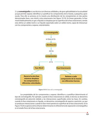 121
La cromatografía
distribución
Fase Móvil
Recorre la otra fase
mientras desplaza
los componentes a
diferentes velocidades.
Retiene a cada
componente de la mezcla
con diferentes fuerzas.
Fase Estacionaria
componentes
se basa en la
de los
en la
2. La cromatografía es una técnica con diversas utilidades y de gran aplicabilidad en la actualidad
ya que permite separar, identificar y cuantificar los componentes de la mezcla, a pequeña y gran
escala. Para ello se provoca en la mezcla una distribución de los componentes en dos partes
denominadas fases, una móvil y otra estacionaria (ver figura 19.19). En líneas generales, la fase
móvil (habitualmente un gas o líquido) se desplaza por la superficie de la fase estacionaria, siendo
esta última un sólido inerte o un líquido soportado sobre un sólido inerte, capaz de interactuar
con los componentes a separar, reteniéndolos.
Figura 19.19. Fases de la cromatografía.
Las propiedades de los componentes a separar, identificar o cuantificar determinarán el
tipo de cromatografía. Por ejemplo, cuando la fase estacionaria es sólida, la técnica se denomina
cromatografía de adsorción debido a las interacciones superficiales entre las fases. En cambio,
cuando la fase estacionaria es líquida, se denomina cromatografía de reparto o partición, ya que
se producen interacciones cuando la fase móvil penetra la superficie de la fase estacionaria. En la
Figura 19.20 se aprecia cómo el factor determinante en el fenómeno de separación cromatográfica
es el estado físico de la fase estacionaria.
 