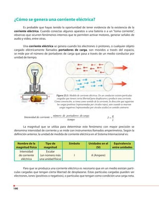 190
¿Cómo se genera una corriente eléctrica?
Es probable que hayas tenido la oportunidad de tener evidencia de la existencia de la
corriente eléctrica. Cuando conectas algunos aparatos a una batería o a un “toma corriente”,
observas que ocurren fenómenos internos que te permiten activar motores, generar señales de
audio y video, entre otras.
Una corriente eléctrica se genera cuando los electrones o protones, o cualquier objeto
cargado eléctricamente llamados portadores de carga, son movidos a través del espacio,
se mide por el número de portadores de carga que pasa a través de un medio conductor por
unidad de tiempo.
Figura 23.3. Modelo de corriente eléctrica. En un conductor existen partículas
cargadas que tienen cierta libertad para desplazarse y producir una corriente.
Como convención, se toma como sentido de la corriente, la dirección que seguirían
las cargas positivas (representadas por círculos rojos), aún cuando se muevan
cargas negativas (representadas por círculos azules) en sentido contrario.
número de portadores decarga
Intensidad de corriente
tiempo
=
q
I
t
=
La magnitud que se utiliza para determinar este fenómeno con mayor precisión se
denomina intensidad de corriente y se mide con instrumentos llamados amperímetros. Según la
definición anterior, la unidad de medida de corriente eléctrica en el Sistema Internacional es:
Nombre de la
magnitud física
Tipo de
magnitud
Símbolo Unidades en el
(SI)
Equivalencia
entre unidades
Intensidad
de corriente
eléctrica
Escalar
(un número más
una unidad física)
I A (Ampere)
Para que se produzca una corriente eléctrica es necesario que en un medio existan partí-
culas cargadas que tengan cierta libertad de desplazarse. Estas partículas cargadas pueden ser
electrones, iones (positivos o negativos), o partículas que tengan como condición una carga neta.
 