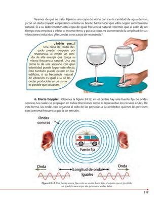 217
Veamos de qué se trata. Fijemos una copa de vidrio con cierta cantidad de agua dentro,
y con un dedo mojado empezamos a frotar su borde, hasta hacer que vibre según su frecuencia
natural. Si a su lado tenemos otra copa de igual frecuencia natural; veremos que al cabo de un
tiempo esta empieza a vibrar al mismo ritmo, y poco a poco, va aumentando la amplitud de sus
vibraciones inducidas. ¿Recuerdas otros casos de resonancia?
¿Sabías que...?
Una copa de cristal del-
gado puede romperse por
resonancia, al emitir un soni-
do de alta energía que tenga su
misma frecuencia natural. Una voz
como la de una soprano con gran
intensidad puede lograr este efecto.
Esto también puede ocurrir en los
edificios, si su frecuencia natural
de vibración es igual a la de las
ondas producidas en un sismo,
es posible que colapsen.
6. Efecto Doppler: Observa la figura 24.12, en el centro hay una fuente fija de ondas
sonoras, las cuales se propagan en todas direcciones como lo representan los círculos azules. De
esta forma, las ondas van llegando al oído de las personas a su alrededor, quienes las perciben
con la misma frecuencia que la de emisión.
Figura 24.12. Una fuente sonora fija emite un sonido hacia todo el espacio, que es percibido
con igual frecuencia por dos personas a ambos lados.
vibraciones inducidas. ¿Recuerdas otros casos de resonancia?
¿Sabías que...?
Una copa de cristal del-
gado puede romperse por
resonancia, al emitir un soni-
do de alta energía que tenga su
misma frecuencia natural. Una voz
como la de una soprano con gran
intensidad puede lograr este efecto.
Esto también puede ocurrir en los
edificios, si su frecuencia natural
 