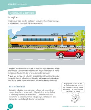 Módulo 1 / El movimiento
Observa, lee y comenta
La rapidez
Imagina que viajas con tus padres en un automóvil por la carretera y a
tu lado pasa un tren, ¿quién tiene mayor rapidez?
La rapidez relaciona la distancia que recorre un cuerpo durante un tiempo
determinado. Generalmente, el tren recorre mayor distancia en un menor
tiempo que el automóvil, por lo tanto, su rapidez es mayor.
Al igual que la masa y el volumen, la rapidez también posee una unidad
de medida. La más utilizada es el kilómetro por hora y se simboliza km/h.
También se puede expresar la rapidez en metros por segundo (m/s).
El guepardo o chita es uno
de los animales más rápidos
del planeta; su rapidez puede
llegar a los 114 km/h mientras
persigue a su presa.
La palabra velocidad suele usarse para referirse a la rapidez de un
cuerpo. Sin embargo, la velocidad, a diferencia de la rapidez, incluye
la dirección y el sentido del movimiento. La dirección indica si el
movimiento es horizontal, vertical o diagonal y el sentido indica si es
hacia arriba o abajo, hacia la derecha o la izquierda.
Para saber más
136 Unidad 4 / Ciencias Físicas y Químicas
 