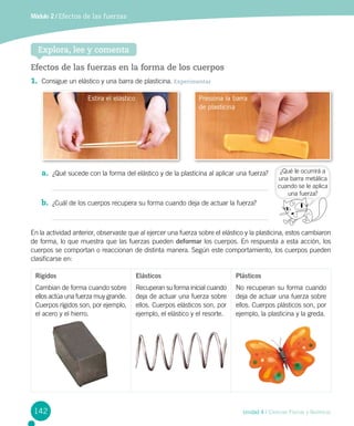 Módulo 2 / Efectos de las fuerzas
Efectos de las fuerzas en la forma de los cuerpos
1.	 Consigue un elástico y una barra de plasticina. Experimentar
a.	 ¿Qué sucede con la forma del elástico y de la plasticina al aplicar una fuerza?
b.	 ¿Cuál de los cuerpos recupera su forma cuando deja de actuar la fuerza?
En la actividad anterior, observaste que al ejercer una fuerza sobre el elástico y la plasticina, estos cambiaron
de forma, lo que muestra que las fuerzas pueden deformar los cuerpos. En respuesta a esta acción, los
cuerpos se comportan o reaccionan de distinta manera. Según este comportamiento, los cuerpos pueden
clasificarse en:
Explora, lee y comenta
¿Qué le ocurrirá a
una barra metálica
cuando se le aplica
una fuerza?
Rígidos
Cambian de forma cuando sobre
ellos actúa una fuerza muy grande.
Cuerpos rígidos son, por ejemplo,
el acero y el hierro.
Elásticos
Recuperan su forma inicial cuando
deja de actuar una fuerza sobre
ellos. Cuerpos elásticos son, por
ejemplo, el elástico y el resorte.
Estira el elástico Presiona la barra
de plasticina
Plásticos
No recuperan su forma cuando
deja de actuar una fuerza sobre
ellos. Cuerpos plásticos son, por
ejemplo, la plasticina y la greda.
142 Unidad 4 / Ciencias Físicas y Químicas
 