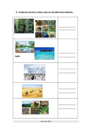Elisa Dias 2019
9- Ambientes daTerra. Indica cada um dos diferentes Habitats.
________________
________________
Lagos
________________
________________
________________
________________
________________
________________
________________
________________
 