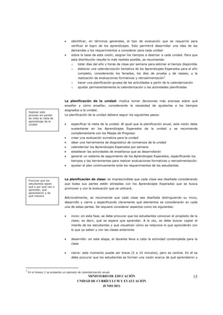•    identificar, en términos generales, el tipo de evaluación que se requerirá para
                                    verificar el logro de los aprendizajes. Esto permitirá desarrollar una idea de las
                                    demandas y los requerimientos a considerar para cada unidad
                               •    sobre la base de esta visión, asignar los tiempos a destinar a cada unidad. Para que
                                    esta distribución resulte lo más realista posible, se recomienda:
                                    o    listar días del año y horas de clase por semana para estimar el tiempo disponible
                                    o    elaborar una calendarización tentativa de los Aprendizajes Esperados para el año
                                         completo, considerando los feriados, los días de prueba y de repaso, y la
                                         realización de evaluaciones formativas y retroalimentación5
                                    o    hacer una planificación gruesa de las actividades a partir de la calendarización
                                    o    ajustar permanentemente la calendarización o las actividades planificadas



                               La planificación de la unidad: implica tomar decisiones más precisas sobre qué
                               enseñar y cómo enseñar, considerando la necesidad de ajustarlas a los tiempos
                               asignados a la unidad.
    Realizar este
    proceso sin perder         La planificación de la unidad debiera seguir los siguientes pasos:
    de vista la meta de
    aprendizaje de la
    unidad                     •    especificar la meta de la unidad. Al igual que la planificación anual, esta visión debe
                                    sustentarse    en los    Aprendizajes   Esperados   de   la   unidad   y   se   recomienda
                                    complementarla con los Mapas de Progreso
                               •    crear una evaluación sumativa para la unidad
                               •    idear una herramienta de diagnóstico de comienzos de la unidad
                               •    calendarizar los Aprendizajes Esperados por semana
                               •    establecer las actividades de enseñanza que se desarrollarán
                               •    generar un sistema de seguimiento de los Aprendizajes Esperados, especificando los
                                    tiempos y las herramientas para realizar evaluaciones formativas y retroalimentación
                               •    ajustar el plan continuamente ante los requerimientos de los estudiantes




    Procurar que los           La planificación de clase: es imprescindible que cada clase sea diseñada considerando
    estudiantes sepan          que todas sus partes estén alineadas con los Aprendizajes Esperados que se busca
    qué y por qué van a
    aprender, qué
                               promover y con la evaluación que se utilizará.
    aprendieron y de
    qué manera
                               Adicionalmente, se recomienda que cada clase sea diseñada distinguiendo su inicio,
                               desarrollo y cierre y especificando claramente qué elementos se considerarán en cada
                               una de estas partes. Se requiere considerar aspectos como los siguientes:


                               •    inicio: en esta fase, se debe procurar que los estudiantes conozcan el propósito de la
                                    clase; es decir, qué se espera que aprendan. A la vez, se debe buscar captar el
                                    interés de los estudiantes y que visualicen cómo se relaciona lo que aprenderán con
                                    lo que ya saben y con las clases anteriores


                               •    desarrollo: en esta etapa, el docente lleva a cabo la actividad contemplada para la
                                    clase


                               •    cierre: este momento puede ser breve (5 a 10 minutos), pero es central. En él se
                                    debe procurar que los estudiantes se formen una visión acerca de qué aprendieron y



5
    En el Anexo 2 se presenta un ejemplo de calendarización anual.
                                              MINISTERIO DE EDUCACIÓN                                                       15
                                         UNIDAD DE CURRÍCULUM Y EVALUACIÓN
                                                      JUNIO 2011
 