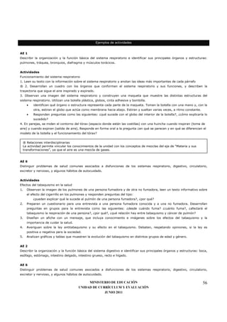 Ejemplos de actividades


AE 1
Describir la organización y la función básica del sistema respiratorio e identificar sus principales órganos y estructuras:
pulmones, tráquea, bronquios, diafragma y músculos torácicos.


Actividades
Funcionamiento del sistema respiratorio
1. Leen su texto con la información sobre el sistema respiratorio y anotan las ideas más importantes de cada párrafo
® 2. Desarrollan un cuadro con los órganos que conforman el sistema respiratorio y sus funciones, y describen la
trayectoria que sigue el aire inspirado y expirado.
3. Observan una imagen del sistema respiratorio y construyen una maqueta que muestre las distintas estructuras del
sistema respiratorio. Utilizan una botella plástica, globos, cinta adhesiva y bombilla.
     •   identifican qué órgano o estructura representa cada parte de la maqueta. Toman la botella con una mano y, con la
         otra, estiran el globo que actúa como membrana hacia abajo. Estiran y sueltan varias veces, a ritmo constante.
     •   Responden preguntas como las siguientes: ¿qué sucede con el globo del interior de la botella?, ¿cómo explicaría lo
         sucedido?
4. En parejas, se miden el contorno del tórax (espacio donde están las costillas) con una huincha cuando inspiran (toma de
aire) y cuando expiran (salida de aire). Responde en forma oral a la pregunta ¿en qué se parecen y en qué se diferencian el
modelo de la botella y el funcionamiento del tórax?


 ® Relaciones interdisciplinarias
 La actividad permite vincular los conocimientos de la unidad con los conceptos de mezclas del eje de “Materia y sus
 transformaciones”, ya que el aire es una mezcla de gases.


AE 6
Distinguir problemas de salud comunes asociados a disfunciones de los sistemas respiratorio, digestivo, circulatorio,
excretor y nervioso, y algunos hábitos de autocuidado.


Actividades
Efectos del tabaquismo en la salud
1.   Observan la imagen de los pulmones de una persona fumadora y de otra no fumadora, leen un texto informativo sobre
     el efecto del cigarrillo en los pulmones y responden preguntas del tipo:
         ¿pueden explicar qué le sucede al pulmón de una persona fumadora?, ¿por qué?
2.   Preparan un cuestionario para una entrevista a una persona fumadora conocida y a una no fumadora. Desarrollan
     preguntas en grupos para la entrevista como las siguientes: ¿desde cuándo fuma? ¿cuánto fuma?, ¿afectará el
     tabaquismo la respiración de una persona?, ¿por qué?, ¿qué relación hay entre tabaquismo y cáncer de pulmón?
3.   Diseñan un afiche con un mensaje, que incluya conocimiento e imágenes sobre los efectos del tabaquismo y la
     importancia de cuidar la salud.
4.   Averiguan sobre la ley antitabaquismo y su efecto en el tabaquismo. Debaten, respetando opiniones, si la ley es
     positiva o negativa para la sociedad.
5.   Analizan gráficos y tablas que muestren la evolución del tabaquismo en distintos grupos de edad y género.


AE 2
Describir la organización y la función básica del sistema digestivo e identificar sus principales órganos y estructuras: boca,
esófago, estómago, intestino delgado, intestino grueso, recto e hígado.


AE 6
Distinguir problemas de salud comunes asociados a disfunciones de los sistemas respiratorio, digestivo, circulatorio,
excretor y nervioso, y algunos hábitos de autocuidado.

                                             MINISTERIO DE EDUCACIÓN                                                       56
                                        UNIDAD DE CURRÍCULUM Y EVALUACIÓN
                                                     JUNIO 2011
 