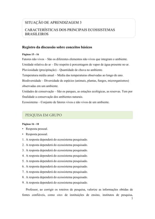 SITUAÇÃO DE APRENDIZAGEM 3

  CARACTERÍSTICAS DOS PRINCIPAIS ECOSSISTEMAS
  BRASILEIROS


Registro da discussão sobre conceitos básicos
Páginas 15 - 16
Fatores não vivos – São os diferentes elementos não vivos que integram o ambiente.
Umidade relativa do ar – Diz respeito à porcentagem de vapor de água presente no ar.
Pluviosidade (precipitação) – Quantidade de chuva no ambiente.
Temperatura média anual – Média das temperaturas observadas ao longo do ano.
Biodiversidade – Diversidade de espécies (animais, plantas, fungos, microrganismos)
observadas em um ambiente.
Unidades de conservação – São os parques, as estações ecológicas, as reservas. Tem por
finalidade a conservação dos ambientes naturais.
Ecossistema – Conjunto de fatores vivos e não vivos de um ambiente.




Páginas 16 - 18
• Resposta pessoal.
• Resposta pessoal.
1. A resposta dependerá do ecossistema pesquisado.
2. A resposta dependerá do ecossistema pesquisado.
3. A resposta dependerá do ecossistema pesquisado.
4. A resposta dependerá do ecossistema pesquisado.
5. A resposta dependerá do ecossistema pesquisado.
6. A resposta dependerá do ecossistema pesquisado.
7. A resposta dependerá do ecossistema pesquisado.
8. A resposta dependerá do ecossistema pesquisado.
9. A resposta dependerá do ecossistema pesquisado.

   Professor, ao corrigir os roteiros de pesquisa, valorize as informações obtidas de
fontes confiáveis, como sites de instituições de ensino, institutos de pesquisa,
                                                                                       7
 
