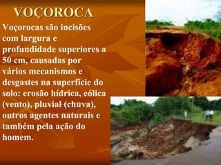 VOÇOROCA
Voçorocas são incisões
com largura e
profundidade superiores a
50 cm, causadas por
vários mecanismos e
desgastes na superfície do
solo: erosão hídrica, eólica
(vento), pluvial (chuva),
outros agentes naturais e
também pela ação do
homem.
 