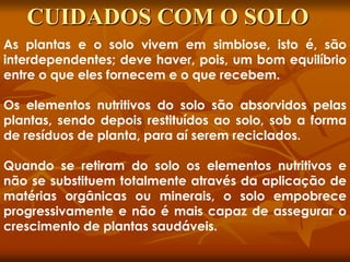 As plantas e o solo vivem em simbiose, isto é, são
interdependentes; deve haver, pois, um bom equilíbrio
entre o que eles fornecem e o que recebem.
Os elementos nutritivos do solo são absorvidos pelas
plantas, sendo depois restituídos ao solo, sob a forma
de resíduos de planta, para aí serem reciclados.
Quando se retiram do solo os elementos nutritivos e
não se substituem totalmente através da aplicação de
matérias orgânicas ou minerais, o solo empobrece
progressivamente e não é mais capaz de assegurar o
crescimento de plantas saudáveis.
CUIDADOS COM O SOLO
 