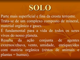 Parte mais superficial e fina da crosta terrestre.
Trata-se de um complexo composto de mineral,
material orgânico e gases.
É fundamental para a vida de todos os seres
vivos do nosso planeta.
Resulta da ação conjunta de agentes
externos:chuva, vento, umidade, enriquecidos
com matéria orgânica (restos de animais e
plantas = humus).
SOLO
 
