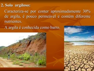 2. Solo argiloso:
Caracteriza-se por conter aproximadamente 30%
de argila, é pouco permeável e contém diferente
nutrientes.
A argila é conhecida como barro.
 