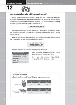DOCUMENTOS DE AMPLIAÇÃO                         CIÊNCIAS DA NATUREZA 6 | CADERNO DE APOIO AO PROFESSOR

                                                  ar
                                              ão p a a S

     12                                     aç




                                                       aú
                                        c
                                     Edu




                                                         de
          Como se calcula o valor calórico dos alimentos?
             Muitos alimentos referem no rótulo o respectivo valor calórico. Desta forma, é
          possível controlar a quantidade de calorias ingerida. Na verdade, as calorias indicam
          a quantidade de energia contida num alimento. Esta quantidade energética ex-
          prime-se em quilocalorias (kcal) e em quilojoules (kJ).

                                                           1 kcal = 1000 calorias = 4,18 kJ


             As calorias provêm dos glícidos, dos lípidos e dos prótidos contidos nos alimen-
          tos. As vitaminas e os sais minerais não têm qualquer valor energético, isto, é não for-
          necem calorias.

             Para calcular o número de calorias que cada alimento fornece, é preciso determi-
          nar a quantidade de cada um desses elementos. Assim:

                                                           1 grama de glícidos = 4 kcal
                                                           1 grama de prótidos = 4 kcal
                                                           1 grama de lípidos = 9 kcal


             Vejamos como se calcula o valor energético de um iogurte:

              Informação Nutricional                                Cada 100 gramas deste iogurte fornece 95 kcal.
              Valor nutritivo por cada 100 g:                       Este valor resulta do seguinte cálculo:
              Valor Energético 95 kcal (398 kJ)
                                                                    (4 g * 4 kcal) + (16,9 g * 4 kcal) + (1,3 g * 9 kcal) =
              Proteínas 4,0 g
                                                                    = 16 + 67,6 + 11,7 = 95,3 kcal = 398 kJ
              Glícidos 16,9 g
              Lípidos 1,3 g




            PROPOSTA DE EXPLORAÇÃO

            1. Calcula o valor energético de 100 g dos seguintes alimentos.

                                                       PROTEÍNAS            GLÍCIDOS          LÍPIDOS
                                                          (g)                  (g)               (g)
                    Batatas fritas                            4,3              46,6            19,3



                                                       PROTEÍNAS            GLÍCIDOS          LÍPIDOS
                                                          (g)                  (g)               (g)
             Salada de alface
                    e tomate                                  0,7               7               0,3




38
 