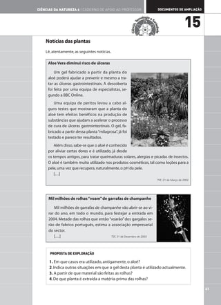 CIÊNCIAS DA NATUREZA 6 | CADERNO DE APOIO AO PROFESSOR                                  DOCUMENTOS DE AMPLIAÇÃO

                                                                        nologia e S
                                                                      ec
                                                                                                           15




                                                                  T




                                                                                  oc
                                                         Ciência,




                                                                                    iedade
    Notícias das plantas
    Lê, atentamente, as seguintes notícias.

     Aloe Vera diminui risco de úlceras

         Um gel fabricado a partir da planta do
     aloé poderá ajudar a prevenir e mesmo a tra-
     tar as úlceras gastrointestinais. A descoberta
     foi feita por uma equipa de especialistas, se-
     gundo a BBC Online.
        Uma equipa de peritos levou a cabo al-
     guns testes que mostraram que a planta do
     aloé tem efeitos benéficos na produção de
     substâncias que ajudam a acelerar o processo
     de cura de úlceras gastrointestinais. O gel, fa-
     bricado a partir dessa planta “milagrosa”, já foi
     testado e parece ter resultados.
         Além disso, sabe-se que o aloé é conhecido
     por aliviar certas dores e é utilizado, já desde
     os tempos antigos, para tratar queimaduras solares, alergias e picadas de insectos.
     O aloé é também muito utilizado nos produtos cosméticos, tal como loções para a
     pele, uma vez que recupera, naturalmente, o pH da pele.
         […]
                                                                                       TSF, 21 de Março de 2002




     Mil milhões de rolhas “voam” de garrafas de champanhe

         Mil milhões de garrafas de champanhe vão abrir-se ao vi-
     rar do ano, em todo o mundo, para festejar a entrada em
     2004. Metade das rolhas que então “voarão” dos gargalos se-
     rão de fabrico português, estima a associação empresarial
     do sector.
         […]                             TSF, 31 de Dezembro de 2003




      PROPOSTA DE EXPLORAÇÃO

      1. Em que casos era utilizado, antigamente, o aloé?
      2. Indica outras situações em que o gel desta planta é utilizado actualmente.
      3. A partir de que material são feitas as rolhas?
      4. De que planta é extraída a matéria-prima das rolhas?

                                                                                                                  41
 