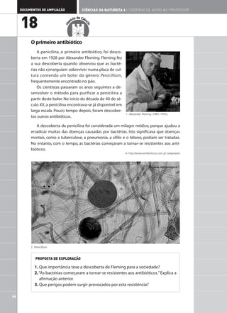 DOCUMENTOS DE AMPLIAÇÃO                  CIÊNCIAS DA NATUREZA 6 | CADERNO DE APOIO AO PROFESSOR

                                        ia da Ciên

     18                              tór




                               His




                                                 cia
          O primeiro antibiótico
              A penicilina, o primeiro antibiótico, foi desco-
          berta em 1928 por Alexander Fleming. Fleming fez
          a sua descoberta quando observou que as bacté-
          rias não conseguiam sobreviver numa placa de cul-
          tura contendo um bolor do género Penicillium,
          frequentemente encontrado no pão.
              Os cientistas passaram os anos seguintes a de-
          senvolver o método para purificar a penicilina a
          partir deste bolor. No início da década de 40 do sé-
          culo XX, a penicilina encontrava-se já disponível em
          larga escala. Pouco tempo depois, foram descober-
                                                                    1. Alexander Fleming (1881-1955).
          tos outros antibióticos.

             A descoberta da penicilina foi considerada um milagre médico, porque ajudou a
          erradicar muitas das doenças causadas por bactérias. Isto significava que doenças
          mortais, como a tuberculose, a pneumonia, a sífilis e o tétano, podiam ser tratadas.
          No entanto, com o tempo, as bactérias começaram a tornar-se resistentes aos anti-
          bióticos.
                                                                   in http://www.antibioticos.com.pt (adaptado)



                                                                                     Imagem microscópica




          2. Penicillium.



             PROPOSTA DE EXPLORAÇÃO

             1. Que importância teve a descoberta de Fleming para a sociedade?
             2. “As bactérias começaram a tornar-se resistentes aos antibióticos.” Explica a
                afirmação anterior.
             3. Que perigos podem surgir provocados por esta resistência?

44
 