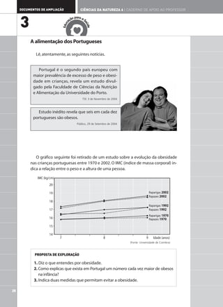 DOCUMENTOS DE AMPLIAÇÃO                   CIÊNCIAS DA NATUREZA 6 | CADERNO DE APOIO AO PROFESSOR

                                             ar
                                         ão p a a S

     3                                 aç




                                                  aú
                                   c
                                Edu




                                                    de
          A alimentação dos Portugueses

             Lê, atentamente, as seguintes notícias.


               Portugal é o segundo país europeu com
            maior prevalência de excesso de peso e obesi-
            dade em crianças, revela um estudo divul-
            gado pela Faculdade de Ciências da Nutrição
            e Alimentação da Universidade do Porto.
                                                 TSF, 3 de Novembro de 2004



              Estudo inédito revela que seis em cada dez
            portugueses são obesos.
                                             Público, 29 de Setembro de 2004




             O gráfico seguinte foi retirado de um estudo sobre a evolução da obesidade
          nas crianças portuguesas entre 1970 e 2002. O IMC (índice de massa corporal) in-
          dica a relação entre o peso e a altura de uma pessoa.

              IMC (kg/cm)
                     20

                     19                                                                        Raparigas 2002
                                                                                               Rapazes 2002
                     18
                                                                                               Raparigas 1992
                     17                                                                        Rapazes 1992
                                                                                               Raparigas 1970
                     16                                                                        Rapazes 1970

                     15

                     14
                            7                                    8                         9      Idade (anos)
                                                                               (Fonte: Universidade de Coimbra)



            PROPOSTA DE EXPLORAÇÃO

            1. Diz o que entendes por obesidade.
            2. Como explicas que exista em Portugal um número cada vez maior de obesos
               na infância?
            3. Indica duas medidas que permitam evitar a obesidade.

28
 