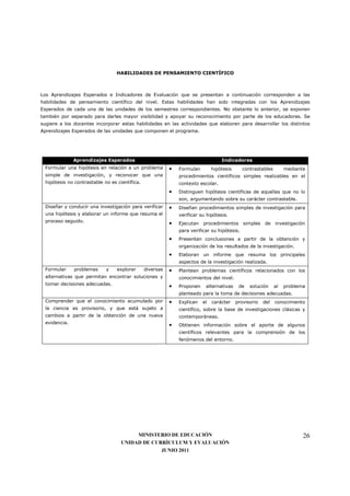 HABILIDADES DE PENSAMIENTO CIENTÍFICO



Los Aprendizajes Esperados e Indicadores de Evaluación que se presentan a continuación corresponden a las
habilidades de pensamiento científico del nivel. Estas habilidades han sido integradas con los Aprendizajes
Esperados de cada una de las unidades de los semestres correspondientes. No obstante lo anterior, se exponen
también por separado para darles mayor visibilidad y apoyar su reconocimiento por parte de los educadores. Se
sugiere a los docentes incorporar estas habilidades en las actividades que elaboren para desarrollar los distintos
Aprendizajes Esperados de las unidades que componen el programa.




               Aprendizajes Esperados                                              Indicadores
  Formular una hipótesis en relación a un problema         •   Formulan        hipótesis      contrastables        mediante
  simple de investigación, y reconocer que una                 procedimientos científicos simples realizables en el
  hipótesis no contrastable no es científica.                  contexto escolar.
                                                           •   Distinguen hipótesis científicas de aquellas que no lo
                                                               son, argumentando sobre su carácter contrastable.
  Diseñar y conducir una investigación para verificar      •   Diseñan procedimientos simples de investigación para
  una hipótesis y elaborar un informe que resuma el            verificar su hipótesis.
  proceso seguido.
                                                           •   Ejecutan procedimientos simples de investigación
                                                               para verificar su hipótesis.
                                                           •   Presentan conclusiones a partir de la obtención y
                                                               organización de los resultados de la investigación.
                                                           •   Elaboran un informe que resuma los principales
                                                               aspectos de la investigación realizada.
  Formular     problemas     y    explorar      diversas   •   Plantean problemas científicos relacionados con los
  alternativas que permitan encontrar soluciones y             conocimientos del nivel.
  tomar decisiones adecuadas.
                                                           •   Proponen    alternativas     de   solución     al   problema
                                                               planteado para la toma de decisiones adecuadas.
  Comprender que el conocimiento acumulado por             •   Explican   el   carácter    provisorio   del   conocimiento
  la ciencia es provisorio, y que está sujeto a                científico, sobre la base de investigaciones clásicas y
  cambios a partir de la obtención de una nueva                contemporáneas.
  evidencia.
                                                           •   Obtienen información sobre el aporte de algunos
                                                               científicos relevantes para la comprensión de los
                                                               fenómenos del entorno.




                                         MINISTERIO DE EDUCACIÓN                                                          26
                                    UNIDAD DE CURRÍCULUM Y EVALUACIÓN
                                                 JUNIO 2011
 