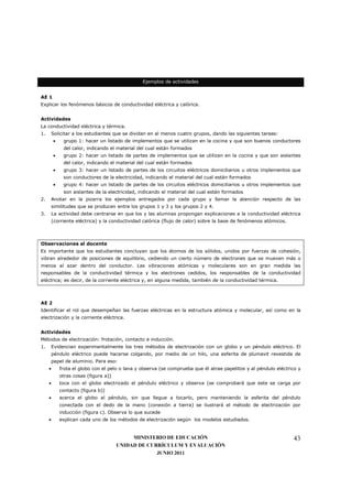 Ejemplos de actividades


AE 1
Explicar los fenómenos básicos de conductividad eléctrica y calórica.


Actividades
La conductividad eléctrica y térmica.
1.       Solicitar a los estudiantes que se dividan en al menos cuatro grupos, dando las siguientes tareas:
         •    grupo 1: hacer un listado de implementos que se utilizan en la cocina y que son buenos conductores
              del calor, indicando el material del cual están formados
         •    grupo 2: hacer un listado de partes de implementos que se utilizan en la cocina y que son aislantes
              del calor, indicando el material del cual están formados
         •    grupo 3: hacer un listado de partes de los circuitos eléctricos domiciliarios u otros implementos que
              son conductores de la electricidad, indicando el material del cual están formados
         •    grupo 4: hacer un listado de partes de los circuitos eléctricos domiciliarios u otros implementos que
              son aislantes de la electricidad, indicando el material del cual están formados
2.       Anotar en la pizarra los ejemplos entregados por cada grupo y llamar la atención respecto de las
         similitudes que se producen entre los grupos 1 y 3 y los grupos 2 y 4.
3.       La actividad debe centrarse en que los y las alumnas propongan explicaciones a la conductividad eléctrica
         (corriente eléctrica) y la conductividad calórica (flujo de calor) sobre la base de fenómenos atómicos.



Observaciones al docente
Es importante que los estudiantes concluyan que los átomos de los sólidos, unidos por fuerzas de cohesión,
vibran alrededor de posiciones de equilibrio, cediendo un cierto número de electrones que se mueven más o
menos al azar dentro del conductor. Las vibraciones atómicas y moleculares son en gran medida las
responsables de la conductividad térmica y los electrones cedidos, los responsables de la conductividad
eléctrica; es decir, de la corriente eléctrica y, en alguna medida, también de la conductividad térmica.



AE 2
Identificar el rol que desempeñan las fuerzas eléctricas en la estructura atómica y molecular, así como en la
electrización y la corriente eléctrica.


Actividades
Métodos de electrización: frotación, contacto e inducción.
1.       Evidencian experimentalmente los tres métodos de electrización con un globo y un péndulo eléctrico. El
         péndulo eléctrico puede hacerse colgando, por medio de un hilo, una esferita de plumavit revestida de
         papel de aluminio. Para eso:
     •       frota el globo con el pelo o lana y observa (se comprueba que él atrae papelitos y al péndulo eléctrico y
             otras cosas (figura a))
     •       toca con el globo electrizado el péndulo eléctrico y observa (se comprobará que este se carga por
             contacto (figura b))
     •       acerca el globo al péndulo, sin que llegue a tocarlo, pero manteniendo la esferita del péndulo
             conectada con el dedo de la mano (conexión a tierra) se ilustrará el método de electrización por
             inducción (figura c). Observa lo que sucede
     •       explican cada uno de los métodos de electrización según los modelos estudiados.


                                            MINISTERIO DE EDUCACIÓN                                                43
                                       UNIDAD DE CURRÍCULUM Y EVALUACIÓN
                                                    JUNIO 2011
 