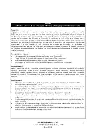 Unidad 4
      Estructura y función de los seres vivos: estructura celular y requerimientos nutricionales


Propósito
El propósito de esta unidad es profundizar tanto en la célula animal como en la vegetal, unidad fundamental de
todos los seres vivos. Como todo ser vivo debe nutrirse y eliminar desechos, es necesario estudiar los
componentes básicos involucrados en estos procesos y sus principales funciones. Por lo tanto, es central el
estudio de los procesos de obtención y eliminación de nutrientes a nivel celular y su relación con el
funcionamiento integrado de algunos sistemas de órganos, ya que constituyen la base para entender cómo
establecer una alimentación equilibrada para una persona, de acuerdo a los requerimientos nutricionales
diferenciales y al gasto energético. Estos conceptos se proponen en integración con habilidades de
pensamiento científico referidas a la elaboración de mapas conceptuales y formulación de hipótesis respecto de
los diferentes sistemas integrados y su relación con los requerimientos nutricionales de los órganos y células
que los constituyen.

Conocimientos previos
•    Prácticas simples de autocuidado del cuerpo humano en la alimentación.
•    Función general de los sistemas respiratorio, digestivo, circulatorio y excretor.
•    Relaciones funcionales simples entre los sistemas digestivo y circulatorio.
•    Composición de los alimentos (proteínas, lípidos, carbohidratos, vitaminas y minerales).


Conceptos clave
Célula, membrana, núcleo, citoplasma, material genético, sistemas integrados, transporte de nutrientes,
capilares   sanguíneos,   venas,   arterias,   irrigación   sanguínea,   débito   sanguíneo,   alvéolos   pulmonares,
intercambio gaseoso, oxígeno, glucosa, absorción de nutrientes, desechos, sistema renal, urea, nutrientes,
respiración, excreción, dióxido de carbono, dieta equilibrada, aporte energético, requerimientos nutricionales,
obesidad.


Conocimientos
•    Estructura y función global de la célula, incluyendo su función como portadora de material genético.
•    Requerimientos nutricionales de la célula.
•    Función integrada de los sistemas circulatorio, respiratorio y digestivo como proveedores permanentes de
     gases y nutrientes a las células, y del sistema excretor y respiratorio en la eliminación de desechos
     provenientes de la célula.
•    Características de las membranas de intercambio de gases y de absorción intestinal.
•    Al interior de los órganos, la sangre circula en vasos muy finos y numerosos llamados capilares
     sanguíneos.
•    El débito sanguíneo (cantidad de sangre que lo atraviesa) en un órgano, aumenta cuando la actividad del
     órgano aumenta.
•    El aumento de la frecuencia cardiaca y respiratoria en el transcurso de una actividad física contribuye a
     satisfacer el aumento de las necesidades de los músculos.
•    Requerimientos nutricionales de los organismos (tipo de nutrientes y aporte energético), y su relación con
     parámetros fisiológicos de edad, sexo y actividad física.




                                        MINISTERIO DE EDUCACIÓN                                                   55
                                   UNIDAD DE CURRÍCULUM Y EVALUACIÓN
                                                JUNIO 2011
 