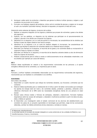 4.   Averiguan cuáles serán los productos y desechos que genera la célula al utilizar glucosa y oxígeno y qué
     sucedería si se acumulan en el cuerpo.
5.   Formulan una hipótesis respecto del problema, ¿cómo varía la cantidad de glucosa y oxígeno en la sangre
     al subir una montaña? (actividad intensa). Discuten la respuesta y la exponen al resto del curso.


Interacción entre sistemas de órganos, al servicio de la célula.
1.   Realizan un esquema integrado con los órganos y sistemas que proveen de nutrientes y gases a las células
     del organismo.
2.   Explican, con sus palabras, un diagrama con los sistemas que participan en el aprovisionamiento de
     oxígeno y glucosa a las células que componen los órganos.
3.   Identifican en un esquema o en un corte de pulmón al microscopio, las características de los alvéolos que
     facilitan el paso de oxígeno desde el aire hacia la sangre.
4.   Identifican en un esquema o en un corte de intestino delgado al microscopio, las características del
     intestino que facilitan la absorción de nutrientes desde la luz intestinal hacia la sangre.
5.   Describen (con flechas) en el esquema, el recorrido de los gases y los nutrientes desde su incorporación al
     organismo hasta su ingreso a la célula.
6.   Describen con flechas en un esquema, el recorrido de los desechos celulares desde su sitio de eliminación
     hasta los órganos de excreción.
7.   Predicen consecuencias para la célula si existe un disfuncionamiento de las vellosidades intestinales o de
     los alveólos (por ejemplo por causa del tabaco).


AE 3
Elaborar dietas equilibradas en relación a los requerimientos nutricionales de las personas y al aporte
energético diferencial de los nutrientes y su importancia para la salud.


AE 4
Formular y verificar hipótesis contrastables relacionadas con los requerimientos nutricionales del organismo,
reconociendo que una hipótesis no contrastable no es científica.


Actividades
De la dieta a las células.
1.   Desarrollan un cuadro resumen que indique los nutrientes celulares, sus funciones y alimentos que los
     contienen.
2.   Elaboran dietas equilibradas para un adolescente de 14 años a partir de tablas nutricionales que contengan
     los aportes de energía total (en kcal) y de nutrientes (lípidos, proteínas y glúcidos), utilizando como
     referencia información de la OMS sobre las necesidades energéticas diarias de una persona en edad
     escolar.
3.   Revisan casos clínicos (reales o ficticios) de sobrepeso, obesidad y desnutrición. Formulan hipótesis
     diagnósticas sobre las causas del sobrepeso u obesidad e insuficiencia ponderal a partir de datos de peso,
     dieta y hábitos en general.
4.   ® Desarrollan una investigación sobre el estado nutricional de los alumnos del establecimiento que
     considere los pasos de un proyecto (aprendidos en tecnología) que permitan, luego de las conclusiones
     obtenidas, cambiar los hábitos alimenticios de las colaciones y comidas en recreos.



 ® Relaciones interdisciplinarias
 La actividad aborda el concepto de energía trabajado en cursos anteriores en las unidades de Materia y sus
 transformaciones y Fuerza y movimiento.




                                        MINISTERIO DE EDUCACIÓN                                               61
                                   UNIDAD DE CURRÍCULUM Y EVALUACIÓN
                                                JUNIO 2011
 