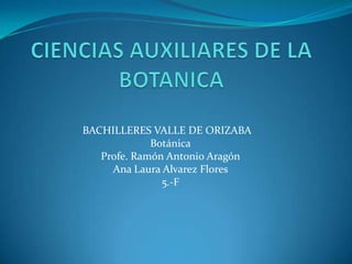 CIENCIAS AUXILIARES DE LA BOTANICA BACHILLERES VALLE DE ORIZABA	 Botánica Profe. Ramón Antonio Aragón Ana Laura Alvarez Flores 5.-F 