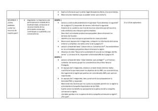  Explica la forma en que la venta ilegal deespecies afecta a los ecosistemas.
 Menciona dos medidas que se pueden tomar para evitarla.
SECUENCIA 5
¿Cómo
podemos
cuidar los
recursos de
nuestro país?
 Argumenta la importancia de
participaren el cuidado de la
biodiversidad,con baseen el
reconocimiento de las
principales causas que
contribuyen a su pérdida y sus
consecuencias.
SESIÓN 1
 Lectura y análisisdel problema en el apartado “Consideremos lo siguiente”
de la página 57 y responder de manera individual lo siguiente:
- Elabora en tu cuaderno una lista derecursos naturales queutilizasen tu
vida cotidiana y escribepara quélos empleas.
- Describe5 actividades productivasquepueden desarrollarseen los
terrenos de Yucatán.
- Identifica los recursosquese aprovechan en cada actividad.
 Reunirseen equipos de 4 integrantes, compartir la información dela tarea
anterior y completar una tabla como la de la página 57.
 Lectura cortada del texto “¿Desarrollo vs.Conservación?”,haciendo énfasis
en las actividades quepodrían desarrollarseen la región.
 Observar el video “Desarrollo sustentable:El caso de las Ciénegas del Río
Lerma” y con base en él, responder la Actividad UNO de la página 59.
SESIÓN 2
 Lectura cortada del texto “¿Qué tenemos que proteger?” y al finalizar,
comentar de manera grupal las características deun Área Natural
Protegida.
 En equipos de 4 integrantes, elaborar un texto breve (mínimo media
cuartilla) en la que mencionen los objetivos de las ANP, sus características,
dos lugares de la región que podrían ser considerados ANP y por qué son
importantes.
 En equipos de 5 integrantes, leer y analizarel caso propuesto en la
Actividad TRES y responder:
- Mencionen dos factores por los cuales no sepuede permitir en la región la
actividad dela Compañía Exportadora de Sal ESSA.
- Cuáles serían los beneficios queaportaría la operación dela compañía
salineraen la región.
- ¿Se debe aprobar o no la operación dela compañía salineraen la región?
¿Por qué?
15 al 19 de septiembre
 