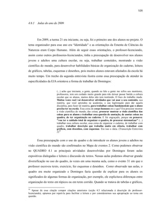 109
4.6.1 Aulas do ano de 2009
Em 2009, a turma 21 era iniciante, ou seja, foi o primeiro ano dos alunos no projeto. O
tema organizador para esse ano era “Identidade” e as orientações da Ementa de Ciências da
Natureza eram Corpo Humano. Além de seguir essas orientações, o professor-licenciando,
assim como outros professores-licenciandos, tinha a preocupação de desenvolver nos alunos
jovens e adultos uma cultura escolar, ou seja, trabalhar conteúdos, mostrando a visão
científica do mundo, para desenvolver habilidades básicas de organização do caderno, leitura
de gráficos, tabelas, esquemas e desenhos, pois muitos alunos estavam afastados da escola há
muito tempo. Um trecho da segunda entrevista ilustra como essa preocupação de atender às
especificidades da EJA orientava a forma de trabalhar de Domingos:
(...) acho que iniciante, a gente, quando eu falo a gente me refiro aos monitores,
professores, tem um cuidado muito grande para não deixar passar batido a cultura
escolar que os alunos, muitos deles não tem instituído. O foco do trabalho muda.
Muitas vezes você vai desenvolver atividades que vai usar o seu conteúdo, sua
matéria, que você aprendeu na academia, a sua legitimação para dar aquela
disciplina, para fazer tal matéria, para trabalhar coisas fundamentais que o aluno
precisa ter na escola. Essa coisa do corpo humano era o que? Era procurar mostrar
a visão científica do mundo, das coisas, procurar mostrar a visão científica das
coisas para os alunos e trabalhar essa questão de anotação, de anotar coisas no
quadro, de ter organização no caderno. E foi engraçado, porque eu pensava:
"vou ter o cuidado total de organizar o quadro, de procurar sistematizar" (...)
trabalhar essa cultura escolar, essa coisa de organizar o caderno, de trabalhar com
quadro, trabalhar descrição que trabalha muito em ciência, trabalhar com
gráficos, com desenhos, com esquemas. Era isso a ideia. (Transcrição Entrevista
2)39
Essa preocupação com o uso do quadro e de introduzir os alunos jovens e adultos na
visão científica do mundo são confirmados no Mapa de eventos 2. Como podemos observar
no QUADRO 4.1 as principais atividades desenvolvidas por Domingos foram aulas
expositivas dialogadas e leitura e discussão de textos. Nessas aulas podemos observar grande
diversificação no uso do quadro, às vezes em uma mesma aula, como o evento 31 em que o
professor escreveu texto, exercício, fez esquemas e desenhos. Como observado nas aulas, o
quadro era muito organizado e Domingos fazia questão de explicar para os alunos os
significados de algumas formas de organização, por exemplo, ele explicitava diferenças entre
organização do texto em tópicos ou em texto corrido. Quando se tratava de tabelas e gráficos,
39
Apesar de essa citação compor citações anteriores (seção 4.5 relacionada à descrição do professor-
licenciando), optamos por repeti-la para facilitar a leitura e por considerarmos sua apropriação ao tema em
questão.
 