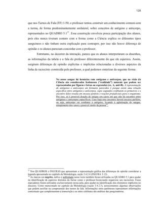 128
que nos Turnos de Fala (TF) 1-50, o professor tentou construir um conhecimento comum com
a turma, de forma predominantemente unilateral, sobre conceitos de antígeno e anticorpo,
representados no QUADRO 5.157
. Essa construção envolveu pouca participação dos alunos,
pois eles nunca tiveram contato com a forma como a Ciência explica os diferentes tipos
sanguíneos e não tinham outra explicação para contrapor, por isso não houve diferença de
opinião e os alunos pareciam concordar com o professor.
Entretanto, no decorrer da interação, parece que os alunos interpretaram os desenhos,
as informações da tabela e a fala do professor diferentemente do que ele esperava. Assim,
surgiram diferenças de opinião explícitas e implícitas relacionadas a diversos aspectos da
linha de raciocínio construída pelo professor, a qual podemos sintetizar da seguinte forma:
No nosso sangue há hemácias com antígenos e anticorpos, que na visão da
Ciência são considerados fenômenos (“realidade”) naturais que podem ser
representados por figuras e letras ou expressões (ex. A, anti-B). A representação
de antígenos e anticorpos em formatos parecidos é porque existe uma relação
específica entre antígenos e anticorpos, cujos segundos combatem os primeiros e o
encontro deles resulta em encaixe perfeito e reações prejudiciais para o organismo.
Por isso, só é possível doação de sangue em casos em que não há encontro entre
antígenos e anticorpos específicos. Caso haja esse encontro haverá encaixe perfeito,
ou seja, anticorpo vai combater o antígeno, levando à aglutinação do sangue,
entupimento dos vasos e possível morte da pessoa58
.
57
Nos QUADROS e FIGURAS que apresentam a representação gráfica das diferenças de opinião considerar a
legenda apresentada no capítulo da Metodologia, seção 3.4.2.4 (FIGURA 3.12).
58
As marcas em negrito, itálico e sublinhado nesse texto também foram utilizadas no QUADRO 5.1 para ajudar
na identificação de aspectos distintos da forma como o professor-licenciando organizou seu raciocínio. Esses
marcadores foram utilizados exclusivamente nessa aula, para ajudar na identificação dos elementos implícitos no
discurso. Como mencionado no capítulo da Metodologia (seção 3.4.2.3), acrescentamos algumas observações
que podem auxiliar na compreensão dos turnos de fala. Informações entre parênteses representam informações
contextuais que complementam a transcrição e as entre colchetes são análises das pesquisadoras.
 