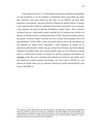 132
Como podemos observar os TF apresentados acima fazem referência principalmente
aos tipos sanguíneos A e B, por conterem as informações básicas para análise dos outros
tipos. Entretanto, antes dessa análise dos tipos AB e O, nos TF56-65, um aluno tentou
generalizar as informações, o que gerou uma breve diferença de opinião explícita: na doação,
o tipo sanguíneo pode ser diferente (defendido pelo professor-licenciando) versus na doação,
o tipo sanguíneo não pode ser diferente (defendido por alguns alunos). Nela o professor
reconheceu que esse conhecimento comum construído não era suficiente para resolver essa
diferença de opinião e deixou a resolução para depois (TF65). Além disso, podemos observar
que quando o professor explicita seu ponto de vista, os alunos fazem perguntas através de
questionamentos59
(TF58; TF60). A partir do contexto geral de toda a aula, percebemos que
essa diferença de opinião estava subordinada a outras diferenças de opinião que se
mantiveram implícitas todo o tempo, mas que, no decorrer da interação, apareceram algumas
evidências da existência delas. Esse contexto também sugere que essa diferença de opinião
refere-se à última parte da linha de raciocínio do professor destacada anteriormente por
sublinhado. Além disso, por a resolução dessa diferença de opinião ter sido adiada, outras
duas diferenças de opinião surgiram subordinadas a ela. Como mostra a FIGURA 5.1, essa
diferença de opinião refere-se ao que chamamos Diferença de opinião Subordinada BI, como
mostra o QUADRO 5.2.
59
Na presente pesquisa diferenciamos três tipos de perguntas: questionamento, esclarecimento, protagonismo
através de questão. O primeiro tipo refere-se a antagonismo que deixa implícito um posicionamento. Já o
segundo indica um antagonismo em que não há posicionamento, mas um dos lados quer mais informações sobre
o posicionamento do outro. O último indica protagonismo sem um posicionamento explícito, ou seja, o
participante manifesta sua posição através de uma pergunta.
 