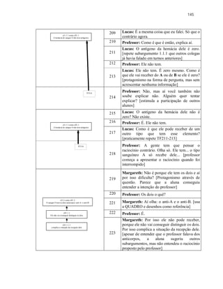 145
209 Lucas: É a mesma coisa que eu falei. Só que o
contrário agora.
210 Professor: Como é que é então, explica aí.
211
Lucas: O antígeno da hemácia dele é zero.
[repete subargumento 1.1.1 que outros colegas
já havia falado em turnos anteriores]
212 Professor: Ele não tem.
213
Lucas: Ele não tem. É zero mesmo. Como é
que ele vai receber do A ou de B se ele é zero?
[protagonismo na forma de pergunta, mas sem
acrescentar nenhuma informação]
214
Professor: Não, mas aí você também não
soube explicar não. Alguém quer tentar
explicar? [estimula a participação de outros
alunos]
215 Lucas: O antígeno da hemácia dele não é
zero? Não existe.
216 Professor: É. Ele não tem.
217
Lucas: Como é que ele pode receber de um
outro tipo que tem esse elemento?
[praticamente repete TF211-213]
218
Professor: A gente tem que pensar o
raciocínio contrário. Olha só. Ele tem... o tipo
sanguíneo A só recebe dele... [professor
começa a apresentar o raciocínio quando foi
interrompido]
219
Margareth: Não é porque ele tem os dois e aí
por isso dificulta? [Protagonismo através de
questão. Parece que a aluna conseguiu
entender a intenção do professor]
220 Professor: Os dois o quê?
221 Margareth: Aí olha: o anti-A e o anti-B. [usa
a QUADRO e desenhos como referência]
222 Professor: É.
223
Margareth: Por isso ele não pode receber,
porque ele não vai conseguir distinguir os dois.
Por isso complica a situação da recepção dele.
[apesar de entender que o professor falava dos
anticorpos, a aluna sugeriu outros
subargumentos, mas não entendeu o raciocínio
proposto pelo professor]
cI1.1.1 como cII1.1
A hemácia do sangue O não tem antígenos
TF214
cI1.1.1 como cII1.1
A hemácia do sangue O não tem antígenos
TF218
cI3.2 como cII1.2
O sangue O tem os dois anticorpos: anti-A e anti-B
cII1.1.1
Ele não vai conseguir distinguir os dois
cII1.1.1.1
complica a situação da recepção dele
 