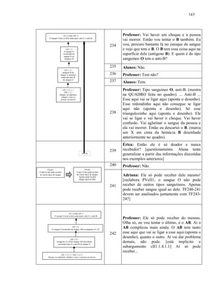 147
234
Professor: Vai haver um choque e a pessoa
vai morrer. Então vou tentar o B também. Eu
vou, procuro bastante lá no estoque de sangue
e vejo que tem o B. O B tem essa coisa aqui na
superfície dele (antígeno B). E quem é do tipo
sanguíneo O tem o anti-B?
235 Alunos: Não.
236 Professor: Tem não?
237 Alunos: Tem.
238
Professor: Tipo sanguíneo O, anti-B. (mostra
na QUADRO feita no quadro). ... Anti-B ...
Esse aqui vai se ligar aqui (aponta o desenho).
Esse redondinho aqui não consegue se ligar
aqui não (aponta o desenho). Só esse
triangulozinho aqui (aponta o desenho). Ele
vai se ligar e vai haver o choque. Vai haver
confusão. Vai aglutinar o sangue da pessoa e
ela vai morrer. Então eu descartei o B. (marca
um X em cima da hemácia B desenhada
anteriormente no quadro).
239
Érica: Então ele é só doador e nunca
recebedor? [questionamento. Aluna tenta
generalizar a partir das informações discutidas
nos exemplos anteriores]
240 Professor: Não.
241
Adriana: Ele só pode receber dele mesmo!
[reelabora PVcII1, o sangue O não pode
receber de outros tipos sanguíneos. Apenas
pode receber sangue igual ao dele. TF240-241
devem ser analisados juntamente com TF243-
247]
242
Professor: Ele só pode receber do mesmo.
Olha só, eu vou tentar o último, é o AB. Aí o
AB complicou mais ainda. O AB tem tanto
esse aqui que vai se ligar a esse aqui (aponta o
desenho), quanto o outro. Aí vai dar problema
demais, não pode. [está implícito o
subargumento cII1.1.4.1.1] Aí só pode
receber...
cI3.2 como cII1.2
O sangue O tem os dois anticorpos: anti-A e anti-B
cII1.1.3
O sangue O
recebendo do
sangue B ou
antígeno B
cII1.1.3.1
antígeno B do
sangue A encontra
anticorpo anti-B
do sangue O
cII1.1.3.1.1 =
bII1.1.1.1
Sangue vai aglutinar,
entupir a veia e a
pessoa vai morrer
TF239
cI3.2 como cII1.2
O sangue O tem os dois anticorpos: anti-A e anti-B
cII1.1.4
O sangue O recebendo do sangue AB ou antígenos A e B
cII1.1.4.1
Antígenos A e B do sangue AB encontram
anticorpos anti-A e anti-B do sangue O
cII1.1.3.1.1 = bII1.1.4.1.1
Sangue vai aglutinar, entupir a veia e a pessoa vai morrer
PVcII1
O tipo O não pode receber
de outros tipos de sangue.
Apenas pode receber
sangue igual ao dele.
PVcII1
O tipo O não pode receber
de outros tipos de sangue
 