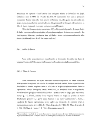 54
dificuldade em capturar o áudio através das filmagens durante as atividades em grupo,
adotamos o uso do MP3 em 19 aulas de 2010. O equipamento ficou com o professor-
licenciando durante toda aula. Esse recurso foi bastante útil, não apenas nas atividades em
grupo, mas para auxiliar na reconstrução dos diálogos quando a filmagem não capturava as
falas de alunos ou quando ocorreram problemas com a filmagem.
Além das filmagens e dos registros em MP3, obtivemos informações de outras fontes
de dados como os artefatos produzidos pelo professor (cadernos de turma, apresentações dos
planejamentos feitas para reuniões de área, atividades e textos entregues aos alunos) e pelos
alunos (atividades feitas e devolvidas para o professor).
3.4.2 Análise de Dados
Nessa seção apresentamos os procedimentos e ferramentas de análise de dados: i)
Mapa de Eventos; ii) Videograph; iii) Transana; iv) Procedimentos da Pragma-dialética.
3.4.2.1 Mapa de Eventos
Como mencionado na seção “Processo interativo-responsivo” os dados coletados,
principalmente os registros em caderno de campo e em áudio e vídeo, foram organizados em
dois Mapas de eventos. Segundo Green et. al. (2005) os Mapas de eventos são uma forma de
representar a relação entre parte e todo. Além disso, os diferentes níveis de mapeamento
podem fornecer “progressivamente mais detalhes a partir da linha de tempo geral até eventos-
chave” (p. 47). Porém, durante nossa pesquisa fizemos os mapas de eventos de maior
detalhamento primeiro e, a partir deles, fizemos os de menor detalhamento19
. Assim, a
sequência de figuras (apresentadas nessa seção) que representa do primeiro nível de
mapeamento ao quarto nível é: FIG. 3.4 (Mapa de eventos 1)  FIG. 3.5 (Mapa de eventos 2)
 FIG. 3.3 (Mapa de eventos 3)  FIG. 3.2 (Mapa de eventos 4).
19
Essa sequência é resultado de ser possível construir os mapas de eventos de maior detalhamento no decorrer
da pesquisa e ser necessário o conjunto de todos os eventos para a construção dos de menor detalhamento.
 