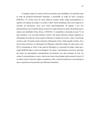 57
O segundo mapa de eventos envolveu descrições mais detalhadas, foi específico para
as aulas do professor-licenciando Domingos e preenchido ao longo de toda a pesquisa
(FIGURA 3.3). Assim como no outro mapa de eventos, foram usados principalmente os
registros em caderno de campo e em áudio e vídeo. Outra semelhança entre esses mapas foi a
extensão do documento, nesse caso foram aproximadamente 30 páginas e por isso
apresentaremos nesse trabalho apenas as partes do mapa referente às aulas selecionadas para a
análise mais detalhada. Dessa forma, a FIGURA 3.3 exemplifica a descrição da aula 75, da
qual retiramos a cor rosa para facilitar a leitura. Nas quatro primeiras colunas repetimos as
informações do mapa de eventos anterior referentes ao número do evento, a data, o local onde
ocorreu a aula. Na quinta coluna colocamos informações sobre o áudio quando existiam. Já na
sexta coluna inserimos as informações da filmagem, indicando código do vídeo (nesse caso
Dv14, corresponde ao vídeo 14 das aulas de Domingos) e a marcação do tempo, sendo que o
tempo 00:00:00 indica o início da filmagem. Na coluna 7 apresentamos uma breve descrição
das ações dos participantes, principalmente do professor, em cada momento da aula. Na
coluna 8 contextualizamos o que a maioria dos alunos fazia durante cada momento da aula. Já
na última coluna colocamos alguns comentários sobre a sala dos professores e das interações
entre os professores-licenciandos das diferentes disciplinas.
 