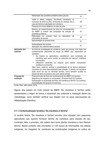 99
Elaboração das questões-problema pelos grupos. 01
Visita à aldeia indígena Pau-Brasil, localizada no
município de Aracruz (ES). Entrevista ao cacique. Ida à
casa de farinha e plantação de mandioca.
05
Pesquisa em livros didáticos na sala de aula. 01
Retorno ao preenchimento da ficha de monitoramento
da ABRP e síntese das propostas de solução as
questões-problema.
01
Elaboração do produto final no laboratório de
informática da escola.
02
Apresentação do produto final. 01
Autoavaliação dos grupos.
Aplicação dos saberes desenvolvidos.
01
Aplicação dos
saberes:
Ao final da investigação do problema, pedir aos alunos, com base nos
conhecimentos adquiridos ao longo da ABRP, que respondam às
questões:
 Se fossem os agricultores, escolheriam qual variedade de
mandioca para servir cozida na merenda dos alunos? Justifique
sua escolha.
 Utilizariam sementes ou estacas para plantar mandiocas?
Justifique sua escolha.
Além disso, pode-se verificar a possibilidade de os alunos plantarem
mandioca em área disponibilizada pela direção. O plantio da mandioca
pode servir de uso na merenda escolar, como também auxiliar no
estudo do tema no próximo ano com outras turmas.
Proposta de
avaliação
Preenchimento da ficha de monitoramento da ABRP (3,0 pontos).
Sequência de imagens no computador. (Produto final) (3,0 pontos).
Participação na exposição de fotos ‘Da mandioca a farinha’ (2,0 pontos).
Autoavaliação dos grupos (2,0 pontos).
Fonte: Elab. pela autora, 2014.
Alguns dos passos do Ciclo tutorial da ABRP ‘Da mandioca à farinha’ serão
apresentados a seguir de forma a esclarecer seu potencial e mediação dentro da
metodologia, como também verificar sua relação com os eixos estruturantes da
Alfabetização Científica.
5.1.1 Contextualização temática ‘Da mandioca à farinha’
O cenário fictício ‘Da mandioca à farinha’ envolve uma situação com pequenos
agricultores que querem fornecer farinha de mandioca para escolas de seu
município. Mas, a princípio, não sabem nem como plantar mandioca e nem fabricar
farinha. Nesse contexto, são orientados a ir em busca de informações nas aldeias
indígenas. Ao chegarem lá, conhecem as contribuições indígenas no cultivo da
 