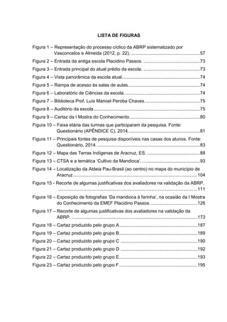 LISTA DE FIGURAS
Figura 1 – Representação do processo cíclico da ABRP sistematizado por
Vasconcelos e Almeida (2012, p. 22).......................................................57
Figura 2 – Entrada da antiga escola Placidino Passos. ............................................73
Figura 3 – Entrada principal do atual prédio da escola. ............................................73
Figura 4 – Vista panorâmica da escola atual.............................................................74
Figura 5 – Rampa de acesso às salas de aulas........................................................74
Figura 6 – Laboratório de Ciências da escola. ..........................................................74
Figura 7 – Biblioteca Prof. Luís Manoel Peroba Chaves. ..........................................75
Figura 8 – Auditório da escola...................................................................................75
Figura 9 – Cartaz da I Mostra do Conhecimento.......................................................80
Figura 10 – Faixa etária das turmas que participaram da pesquisa. Fonte:
Questionário (APÊNDICE C), 2014........................................................81
Figura 11 – Principais fontes de pesquisa disponíveis nas casas dos alunos. Fonte:
Questionário, 2014.................................................................................83
Figura 12 – Mapa das Terras Indígenas de Aracruz, ES. .........................................88
Figura 13 – CTSA e a temática ‘Cultivo da Mandioca’. .............................................93
Figura 14 – Localização da Aldeia Pau-Brasil (ao centro) no mapa do município de
Aracruz.................................................................................................104
Figura 15 - Recorte de algumas justificativas dos avaliadores na validação da ABRP.
.............................................................................................................111
Figura 16 – Exposição de fotografias ‘Da mandioca à farinha’, na ocasião da I Mostra
do Conhecimento da EMEF Placidino Passos. ....................................126
Figura 17 – Recorte de algumas justificativas dos avaliadores na validação da
ABRP. ..................................................................................................173
Figura 18 – Cartaz produzido pelo grupo A.............................................................187
Figura 19 – Cartaz produzido pelo grupo B.............................................................189
Figura 20 – Cartaz produzido pelo grupo C ............................................................190
Figura 21 – Cartaz produzido pelo grupo D ............................................................192
Figura 22 – Cartaz produzido pelo grupo E.............................................................193
Figura 23 – Cartaz produzido pelo grupo F.............................................................195
 