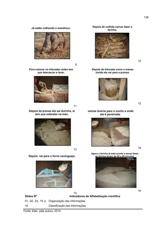 138
Já estão colhendo a mandioca .
9
Depois de colhida vamos fazer a
farinha.
10
Para colocar no triturador antes tem
que descascar e lavar.
11
Depois de triturada como a massa
úmida ela vai para a prensa.
12
Depois da prensa ela sai durinha, aí
tem que esfarelar na mão.
13
vamos levá-la para o cocho a onde
ela é peneirada.
14
Depois vai para o forno caranguejo.
15
Agora a farinha já está pronta e essas fases
da farinha levam de 40 a 45 minutos.
16
Slides Nº Indicadores de Alfabetização científica
01, 02, 03, 10 a
16
Organização das informações
Classificação das informações
Fonte: Elab. pela autora, 2014.
 