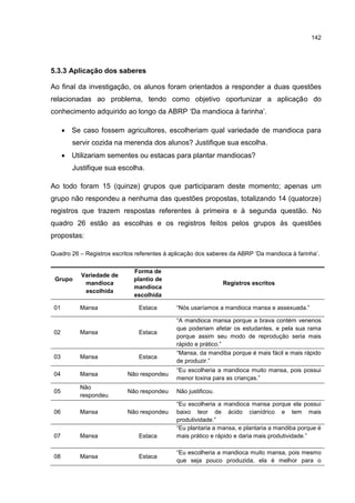 142
5.3.3 Aplicação dos saberes
Ao final da investigação, os alunos foram orientados a responder a duas questões
relacionadas ao problema, tendo como objetivo oportunizar a aplicação do
conhecimento adquirido ao longo da ABRP ‘Da mandioca à farinha’.
 Se caso fossem agricultores, escolheriam qual variedade de mandioca para
servir cozida na merenda dos alunos? Justifique sua escolha.
 Utilizariam sementes ou estacas para plantar mandiocas?
Justifique sua escolha.
Ao todo foram 15 (quinze) grupos que participaram deste momento; apenas um
grupo não respondeu a nenhuma das questões propostas, totalizando 14 (quatorze)
registros que trazem respostas referentes à primeira e à segunda questão. No
quadro 26 estão as escolhas e os registros feitos pelos grupos às questões
propostas:
Quadro 26 – Registros escritos referentes à aplicação dos saberes da ABRP ‘Da mandioca à farinha’.
Grupo
Variedade de
mandioca
escolhida
Forma de
plantio de
mandioca
escolhida
Registros escritos
01 Mansa Estaca “Nós usaríamos a mandioca mansa e assexuada.”
02 Mansa Estaca
“A mandioca mansa porque a brava contém venenos
que poderiam afetar os estudantes, e pela sua rama
porque assim seu modo de reprodução seria mais
rápido e prático.”
03 Mansa Estaca
“Mansa, da mandiba porque é mais fácil e mais rápido
de produzir.”
04 Mansa Não respondeu
“Eu escolheria a mandioca muito mansa, pois possui
menor toxina para as crianças.”
05
Não
respondeu
Não respondeu Não justificou.
06 Mansa Não respondeu
“Eu escolheria a mandioca mansa porque ela possui
baixo teor de ácido cianídrico e tem mais
produtividade.”
07 Mansa Estaca
“Eu plantaria a mansa, e plantaria a mandiba porque é
mais prático e rápido e daria mais produtividade.”
08 Mansa Estaca
“Eu escolheria a mandioca muito mansa, pois mesmo
que seja pouco produzida, ela é melhor para o
 