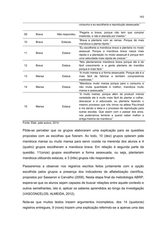 143
consumo e eu escolheria a reprodução assexuada.”
09 Brava Não respondeu
“Pegaria a brava, porque não tem que comprar
inseticida, e não é atacada por insetos.”
10 Brava Estacas
“Brava e plantaria com as ramas. Porque dá mais
mandioca e planta rápido.”
11 Brava Estaca
“Eu escolheria a mandioca brava e plantaria no modo
assexual. Porque a mandioca brava nasce mais
rápida e a plantação no modo assexual é porque tem
uma velocidade mais rápida de crescer.”
12 Brava Estaca
“Nós plantaríamos mandioca brava porque ela é de
fácil crescimento e a gente plantaria de mandiba
porque é mais fácil.”
13 Mansa Estaca
“A muito mansa e a forma assexuada. Porque ela é a
mais fácil de fabricar e também compraremos
inseticidas.”
14 Mansa Estaca
“Mandioca muito mansa porque para o consumo e
não muita quantidade é melhor, mandioca muito
mansa e assexuada.”
15 Mansa Estaca
“A muito mansa, porque além de produzir menos
variedade ela é muito mais fácil de plantar e colher,
descascar e é adocicada, eu plantaria fazendo o
mesmo processo que nós vimos na aldeia Pau-brasil
e iria dando a ideia e o processo de reprodução para
outras escolas. Que assim com o passar dos anos,
nós poderíamos lembrar e querer saber melhor a
antiga história da mandioca.”
Fonte: Elab. pela autora, 2014.
Pôde-se perceber que os grupos elaboraram uma explicação para as questões
propostas com as escolhas que fizeram. Ao todo, 10 (dez) grupos optaram pela
mandioca mansa ou muito mansa para servir cozida na merenda dos alunos e 4
(quatro) grupos escolheram a mandioca brava. Em relação à segunda parte da
questão, 11(onze) grupos escolheram a forma assexuada, ou seja, plantariam
mandioca utilizando estacas, e 3 (três) grupos não responderam.
Passaremos a observar nos registros escritos feitos juntamente com a opção
escolhida pelos grupos a presença dos indicadores de alfabetização científica,
propostos por Sasseron e Carvalho (2008). Nesta etapa final da metodologia ABRP,
espera-se que os alunos sejam capazes de buscar relações entre aquele contexto e
outros semelhantes, isto é, aplicar os saberes aprendidos ao longo da investigação
(VASCONCELOS; ALMEIDA, 2012).
Nota-se que muitos textos trazem argumentos incompletos, dos 14 (quatorze)
registros entregues, 9 (nove) trazem uma explicação referindo-se a apenas uma das
 