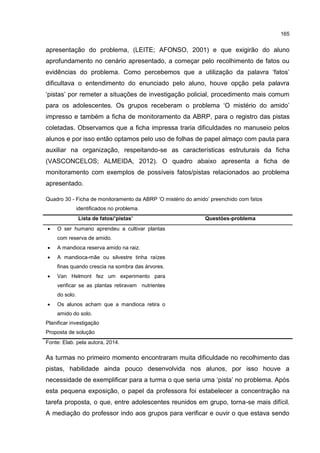 165
apresentação do problema, (LEITE; AFONSO, 2001) e que exigirão do aluno
aprofundamento no cenário apresentado, a começar pelo recolhimento de fatos ou
evidências do problema. Como percebemos que a utilização da palavra ‘fatos’
dificultava o entendimento do enunciado pelo aluno, houve opção pela palavra
‘pistas’ por remeter a situações de investigação policial, procedimento mais comum
para os adolescentes. Os grupos receberam o problema ‘O mistério do amido’
impresso e também a ficha de monitoramento da ABRP, para o registro das pistas
coletadas. Observamos que a ficha impressa traria dificuldades no manuseio pelos
alunos e por isso então optamos pelo uso de folhas de papel almaço com pauta para
auxiliar na organização, respeitando-se as características estruturais da ficha
(VASCONCELOS; ALMEIDA, 2012). O quadro abaixo apresenta a ficha de
monitoramento com exemplos de possíveis fatos/pistas relacionados ao problema
apresentado.
Quadro 30 - Ficha de monitoramento da ABRP ‘O mistério do amido’ preenchido com fatos
identificados no problema.
Lista de fatos/’pistas’ Questões-problema
 O ser humano aprendeu a cultivar plantas
com reserva de amido.
 A mandioca reserva amido na raiz.
 A mandioca-mãe ou silvestre tinha raízes
finas quando crescia na sombra das árvores.
 Van Helmont fez um experimento para
verificar se as plantas retiravam nutrientes
do solo.
 Os alunos acham que a mandioca retira o
amido do solo.
Planificar investigação
Proposta de solução
Fonte: Elab. pela autora, 2014.
As turmas no primeiro momento encontraram muita dificuldade no recolhimento das
pistas, habilidade ainda pouco desenvolvida nos alunos, por isso houve a
necessidade de exemplificar para a turma o que seria uma ‘pista’ no problema. Após
esta pequena exposição, o papel da professora foi estabelecer a concentração na
tarefa proposta, o que, entre adolescentes reunidos em grupo, torna-se mais difícil.
A mediação do professor indo aos grupos para verificar e ouvir o que estava sendo
 
