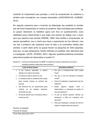 166
recolhido foi fundamental para perceber o nível de compreensão do problema e
também para encorajá-los nos avanços alcançados (VASCONCELOS; ALMEIDA,
2012).
Em seguida, passamos para o momento de elaboração das questões ou dúvidas
que não foram esclarecidas no cenário do problema. Após orientação pelo professor,
os grupos retomaram os trabalhos agora com foco no questionamento, outra
habilidade pouco desenvolvida e que exige uma postura de diálogo com o aluno
para que exponha suas dúvidas (FREIRE, 1996). Para facilitar a compreensão, foi
preciso exemplificar, com o trecho que citava o experimento de Van Helmont, uma
vez que o problema não esclarecia como foi feito e as conclusões obtidas pelo
cientista. A partir deste ponto os grupos fizeram as perguntas em folha separada,
para que, na aula subsequente, fossem definidas as questões mais relevantes para
a investigação. (LEITE; AFONSO, 2001). Algumas questões-problemas levantadas
pelos alunos podem ser observadas no quadro 31:
Quadro 31 – Ficha de monitoramento da ABRP ‘O mistério do amido’ preenchido com fatos e
questões-problema elaborados pelo professor.
Lista de fatos/’pistas’ Questões-problema
 O ser humano aprendeu a cultivar
plantas com reserva de amido.
 A mandioca reserva amido na raiz.
 A mandioca-mãe ou silvestre tinha raízes
finas quando crescia na sombra das
árvores.
 Van Helmont fez um experimento para
verificar se as plantas retiravam
nutrientes do solo.
 Os alunos acham que a mandioca retira o
amido do solo.
 Por que a mandioca-mãe tinha raízes
finas?
 Por que a raiz da mandioca armazena
amido?
 Como foi realizado o experimento de Van
Helmont?
 Existe alguma relação entre a
fotossíntese e a presença de amido na
raiz da mandioca?
 O que os alunos queriam verificar ao
tamparem a folha da mandioca com
alumínio?
 Para que finalidade a solução de iodo foi
usada no experimento dos alunos?
Planificar investigação
Proposta de solução
Fonte: Elab. pela autora, 2014.
 