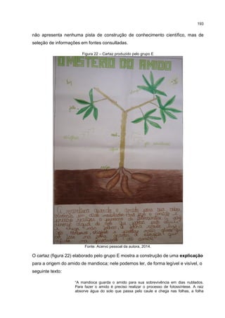193
não apresenta nenhuma pista de construção de conhecimento científico, mas de
seleção de informações em fontes consultadas.
Figura 22 – Cartaz produzido pelo grupo E
Fonte: Acervo pessoal da autora, 2014.
O cartaz (figura 22) elaborado pelo grupo E mostra a construção de uma explicação
para a origem do amido de mandioca; nele podemos ler, de forma legível e visível, o
seguinte texto:
“A mandioca guarda o amido para sua sobrevivência em dias nublados.
Para fazer o amido é preciso realizar o processo de fotossíntese. A raiz
absorve água do solo que passa pelo caule e chega nas folhas, a folha
 