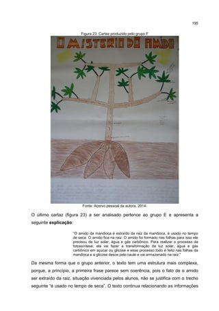 195
Figura 23: Cartaz produzido pelo grupo F
Fonte: Acervo pessoal da autora, 2014.
O último cartaz (figura 23) a ser analisado pertence ao grupo E e apresenta a
seguinte explicação:
“O amido da mandioca é extraído da raiz da mandioca, é usado no tempo
de seca. O amido fica na raiz. O amido foi formado nas folhas para isso ele
precisou de luz solar, água e gás carbônico. Para realizar o processo da
fotossíntese, ela vai fazer a transformação da luz solar, água e gás
carbônico em açúcar ou glicose e esse processo todo é feito nas folhas da
mandioca e a glicose desce pelo caule e vai armazenado na raiz.”
Da mesma forma que o grupo anterior, o texto tem uma estrutura mais complexa,
porque, a princípio, a primeira frase parece sem coerência, pois o fato de o amido
ser extraído da raiz, situação vivenciada pelos alunos, não se justifica com o trecho
seguinte “é usado no tempo de seca”. O texto continua relacionando as informações
 