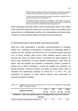 207
“Mas há algumas diferenças nelas como acontece o processo do amido da
mandioca, mas o processo é o mesmo da fotossíntese e da clorofila” F4
“O amido vem da raiz da planta que produz a mandioca e a glicose vem do
açúcar que também vem da mandioca.” F5
“A produção do amido de milho vem da espiga, e vai pro solo e do solo vai
pra raiz, e do amido da mandioca vem da folha e vai pro caule, e depois pra
raiz e aí que se forma a fotossíntese das duas plantas.” F6
Essas explicações apresentam algum indício de aprendizado ainda no seu estágio
inicial; muitas informações são citadas sem uma ordem correta, o que sinaliza pouco
desenvolvimento na alfabetização científica, daí a necessidade de retomada destes
conceitos em outras situações didáticas ao longo do ensino fundamental.
6.4 PERCEPÇÃO DOS ALUNOS SOBRE A METODOLOGIA ABRP
Neste item serão apresentados e discutidos concomitantemente os resultados
obtidos com a aplicação do questionário de avaliação da metodologia ABRP ‘O
mistério do amido’, realizado com 89 alunos e com a entrevista de grupo focal feita
com 18 alunos indicados pelas turmas. Serão utilizados apenas trechos dos
discursos dos alunos que podem auxiliar na discussão dos dados coletados. Os
alunos serão identificados por letras definidas aleatoriamente e pela turma de
origem. Das seis questões que compõem o questionário, apenas a questão 01
permitia que os alunos marcassem o número de questões que quisessem. As
demais envolviam a escolha de apenas uma opção. No quadro abaixo, estão os
resultados dos questionários aplicados às turmas de 7º A, 7ºB e 7ºC, que
participaram da pesquisa; no geral, pode-se observar certa proximidade de
respostas em algumas questões.
Quadro 44 – Frequência das respostas dos alunos do 7ºA, 7ºB e 7ºC na avaliação da metodologia
ABRP ‘O mistério do amido’.
Opções de escolha
7º A
Nº- 30
7ºB
Nº - 27
7ºC
Nº - 32
Total
Nº - 89
Questão 01 – Qual a sua opinião quanto à investigação que ocorreu nas aulas de
ciências?
Ensinou a procurar soluções para resolver um 26 25 31 82
 
